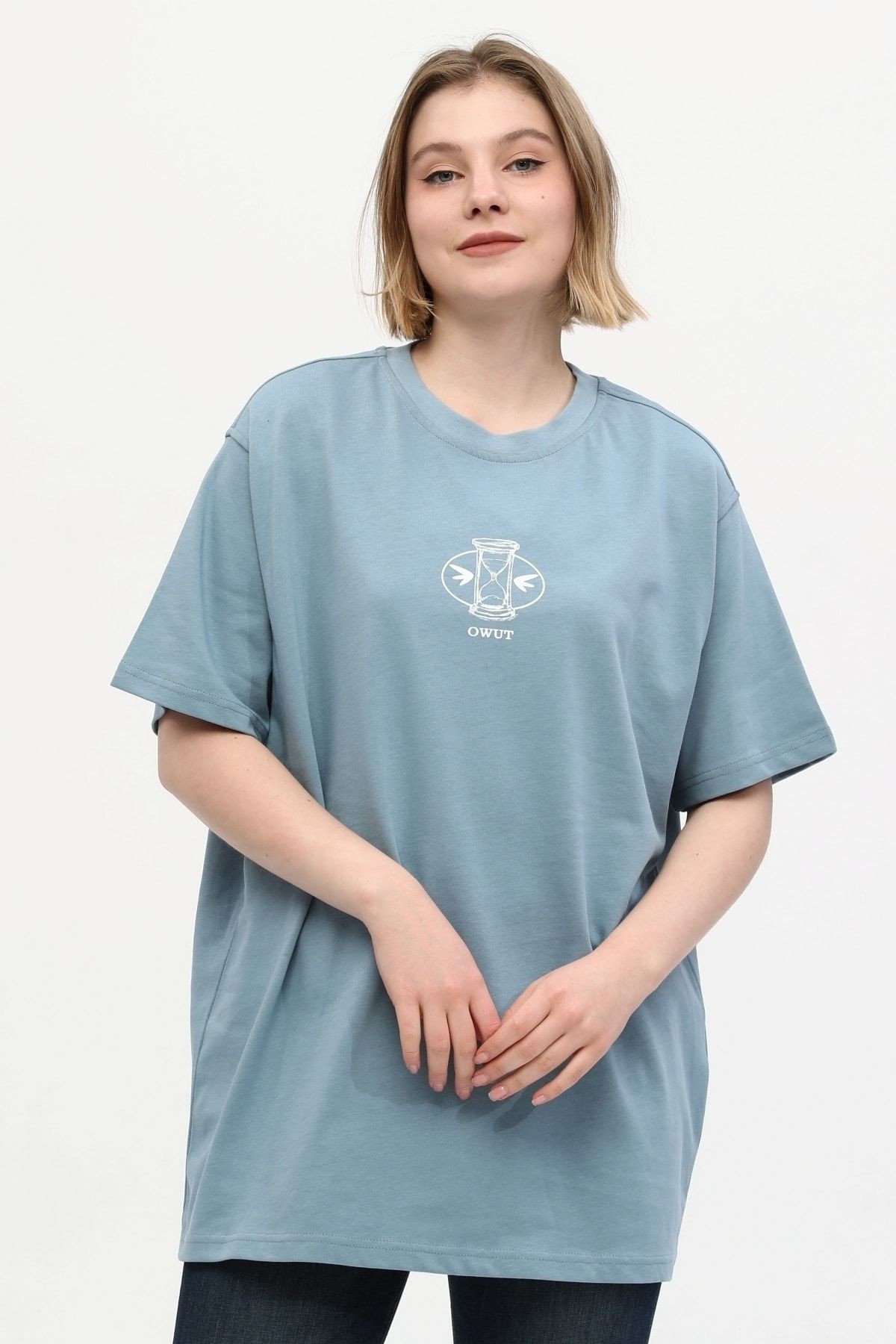 Unisex Turkuaz %100 Pamuk Baskılı Oversize Dik Yaka Örme T-shirt