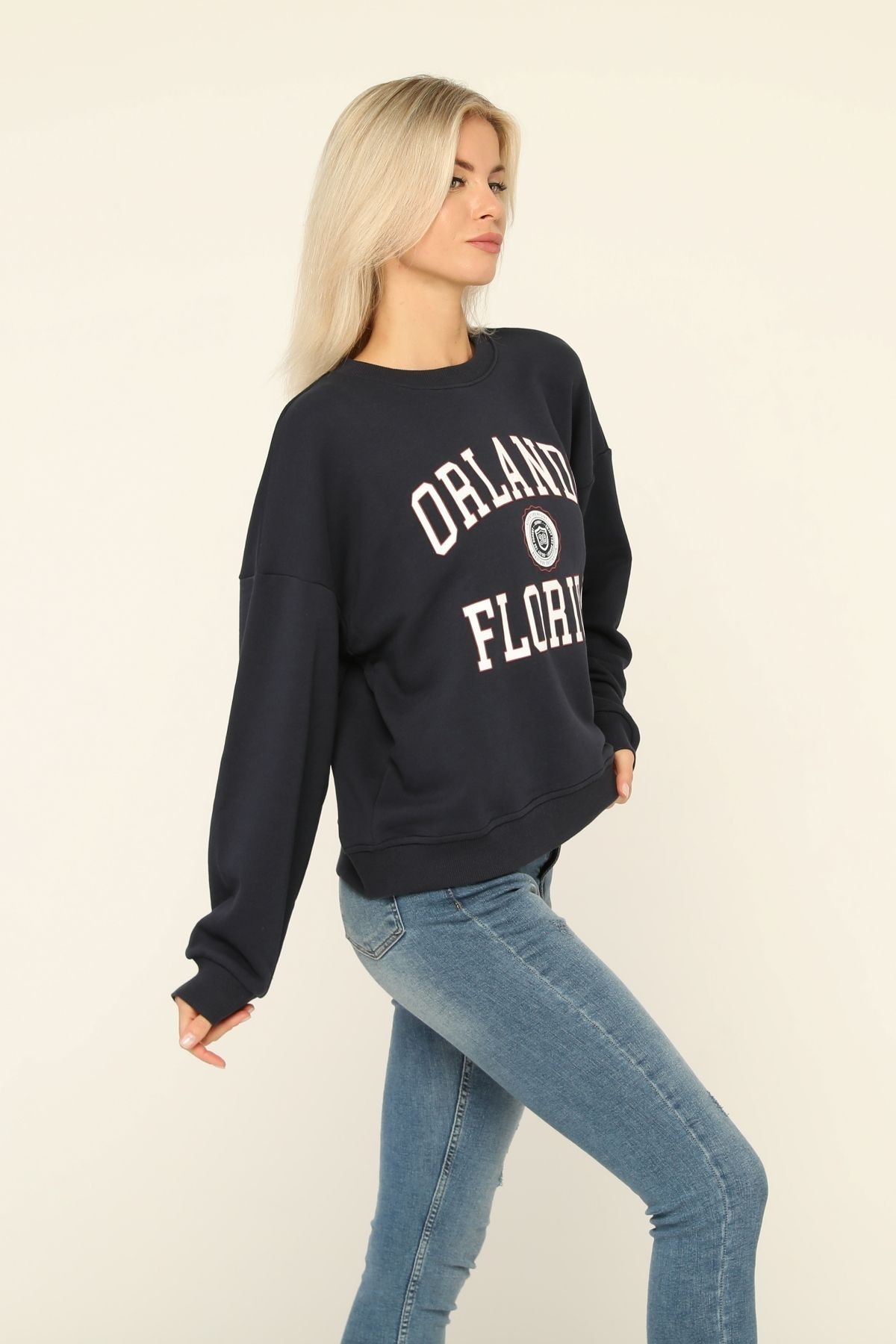 Kadın Lacivert Orlando Floriada Baskılı Bisiklet Yaka Sweatshirt