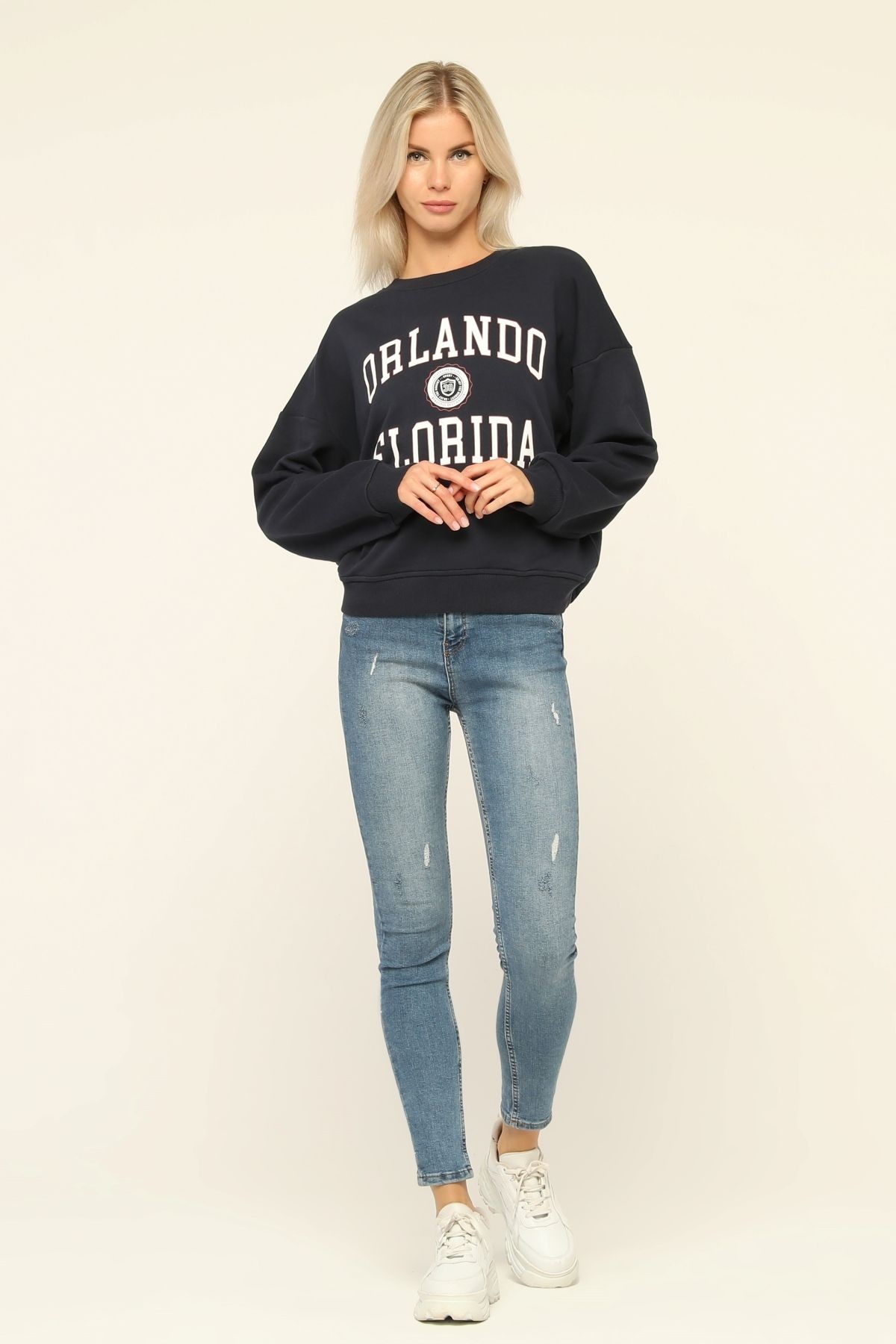 Kadın Lacivert Orlando Floriada Baskılı Bisiklet Yaka Sweatshirt