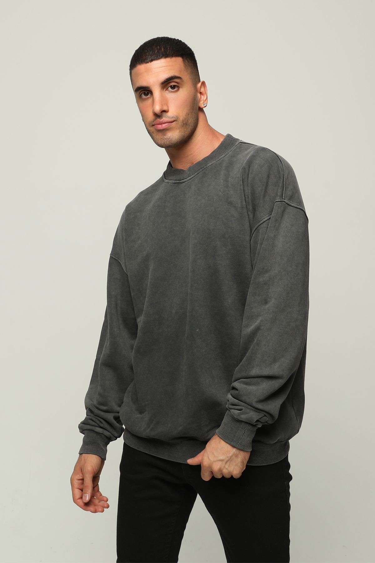 Erkek Oversize Bisiklet Yaka Baskılı Sweatshirt