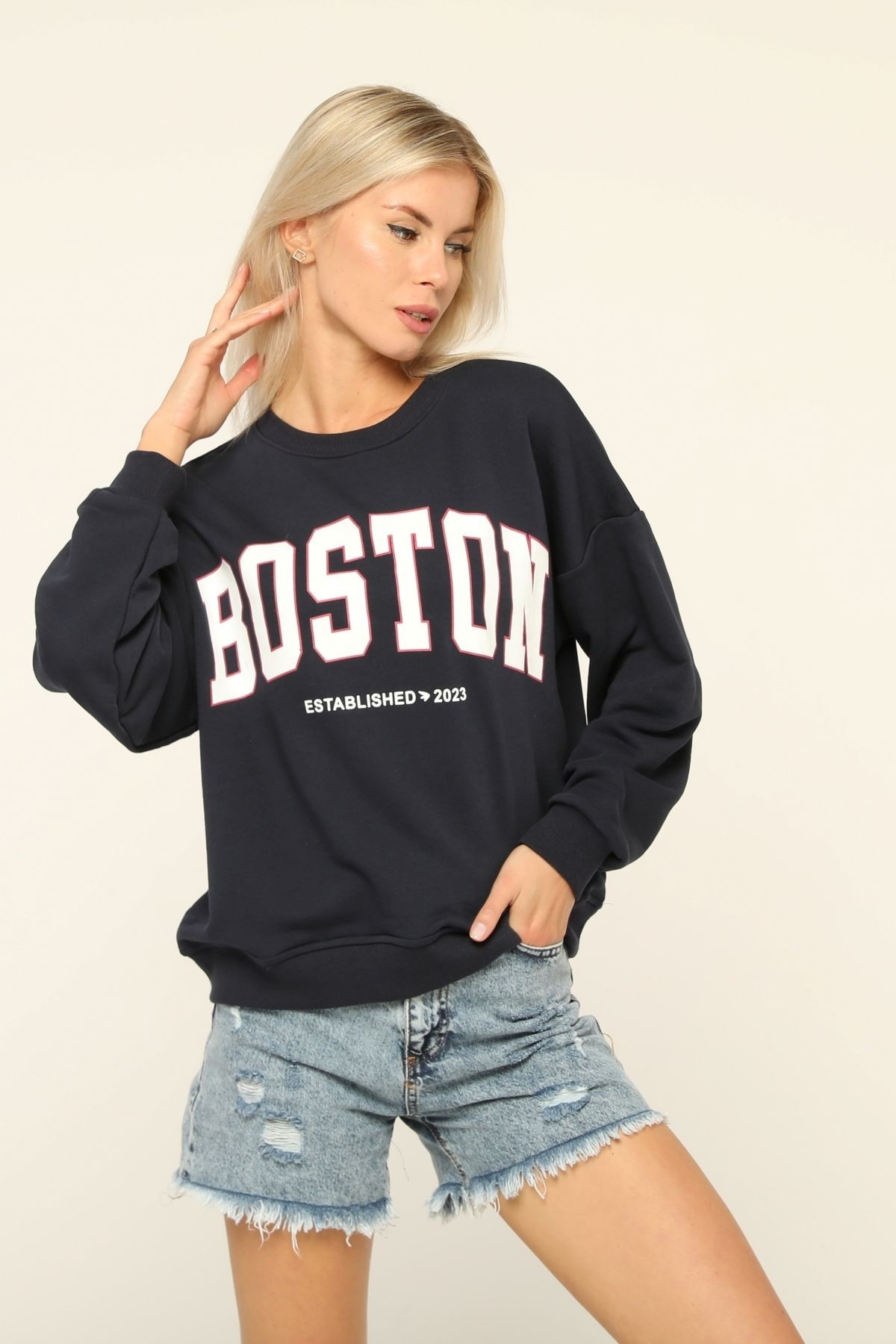 Kadın Lacivert Bisiklet Yaka Baskı Sweatshirt