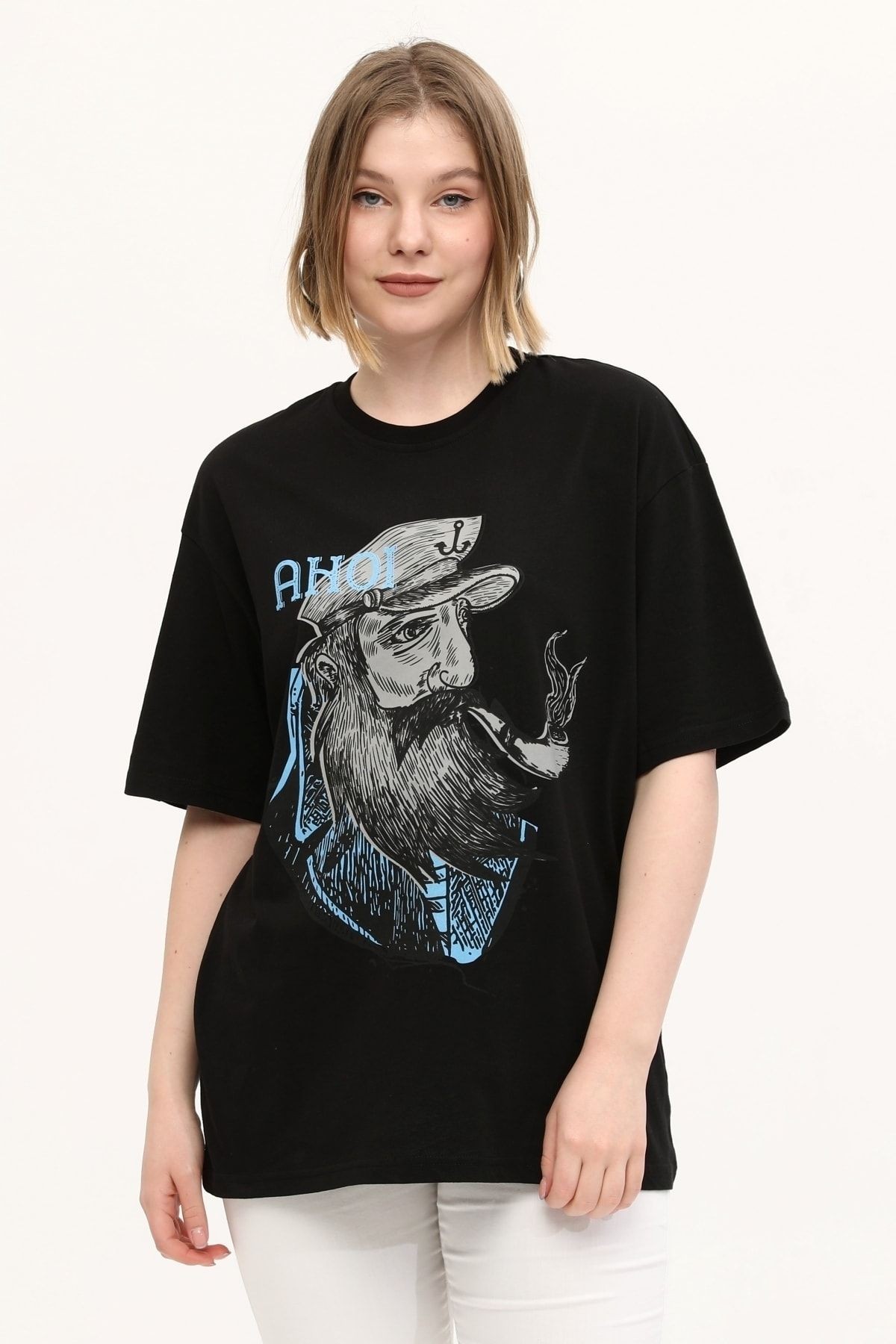 %100 Pamuk Baskılı Relaxed/Geniş Rahat Kesim Bisiklet Yaka Örme T-Shirt