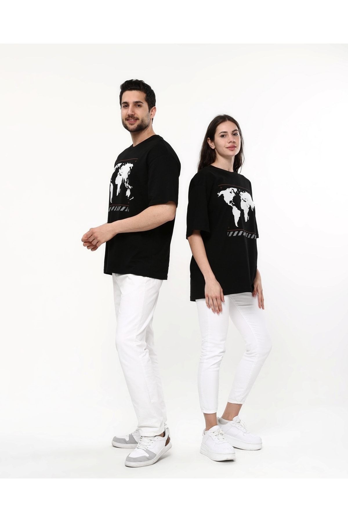 Harita Baskı Detaylı Unisex Siyah T-shirt