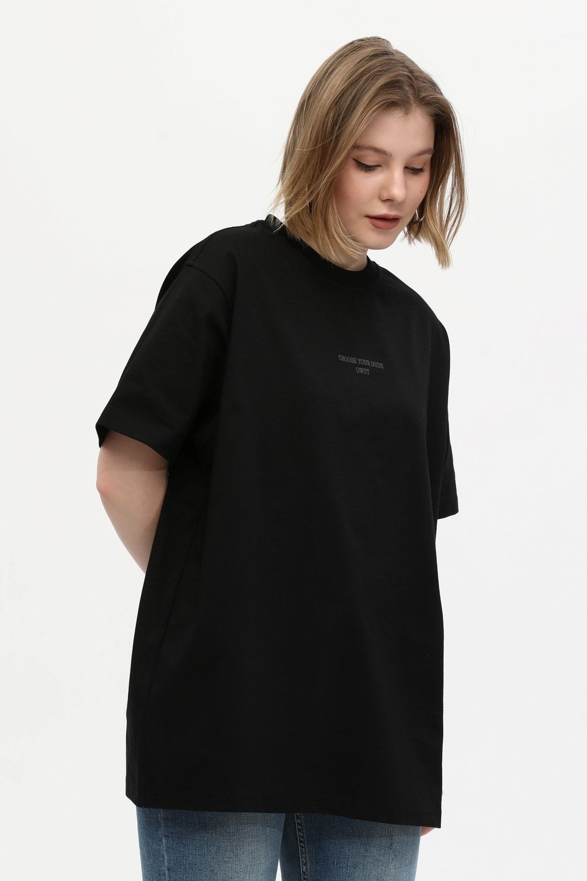 %100 Pamuk Bisiklet Yaka Baskılı Oversize Örme T-shirt