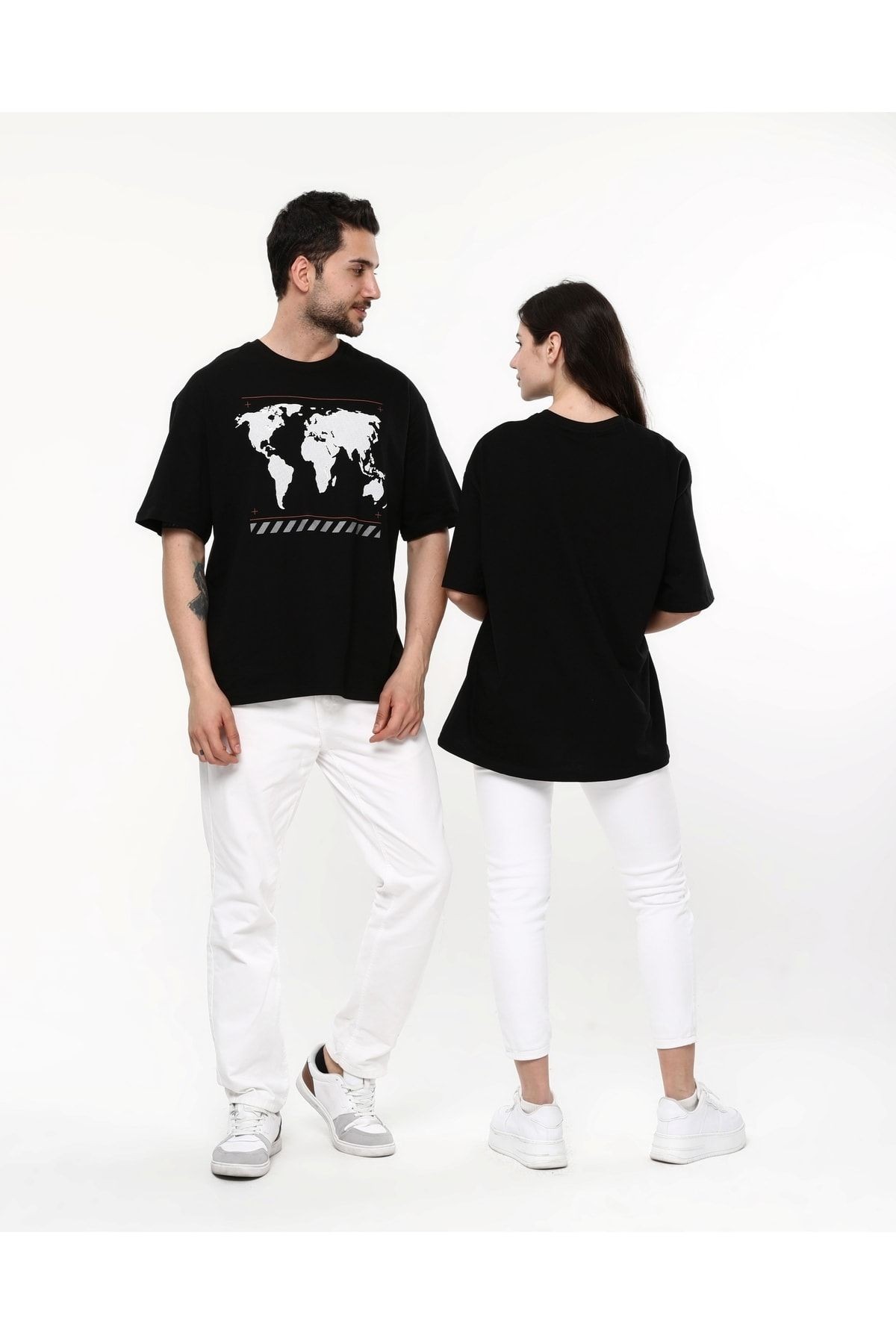 Harita Baskı Detaylı Unisex Siyah T-shirt