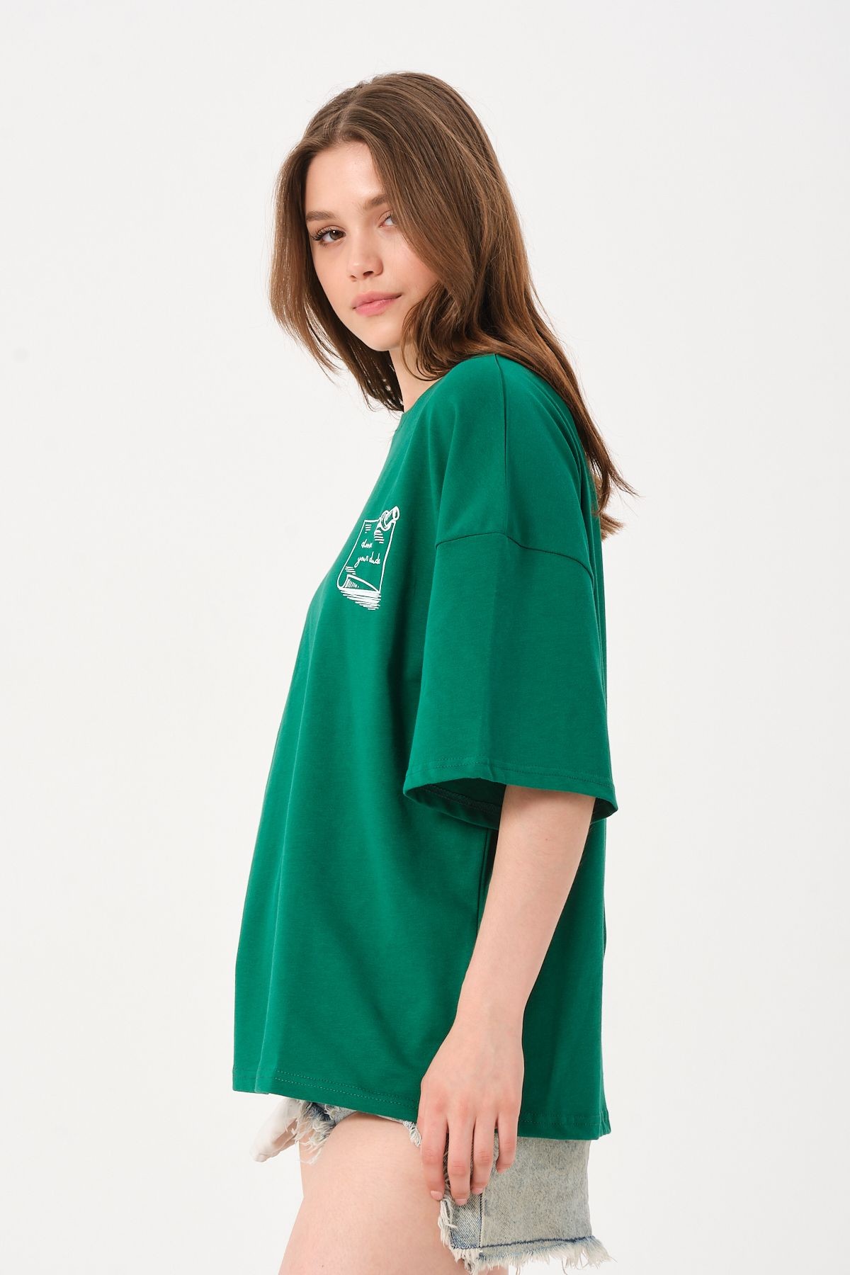 Unisex Açık Yeşil Bisiklet Yaka Baskılı Oversize T-shirt