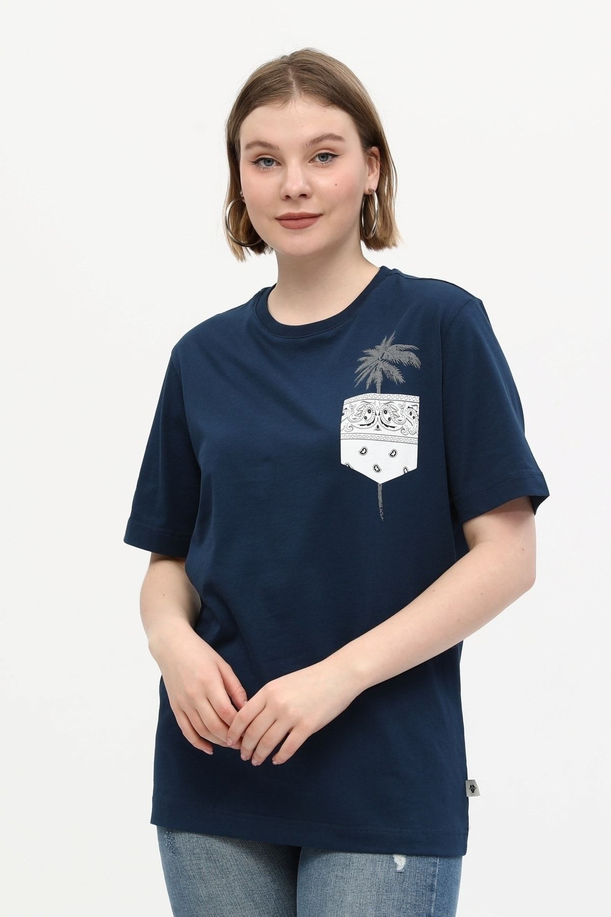 Lacivert %100 Pamuk Bisiklet Yaka Baskılı Oversize Örme Palmiye T-shirt