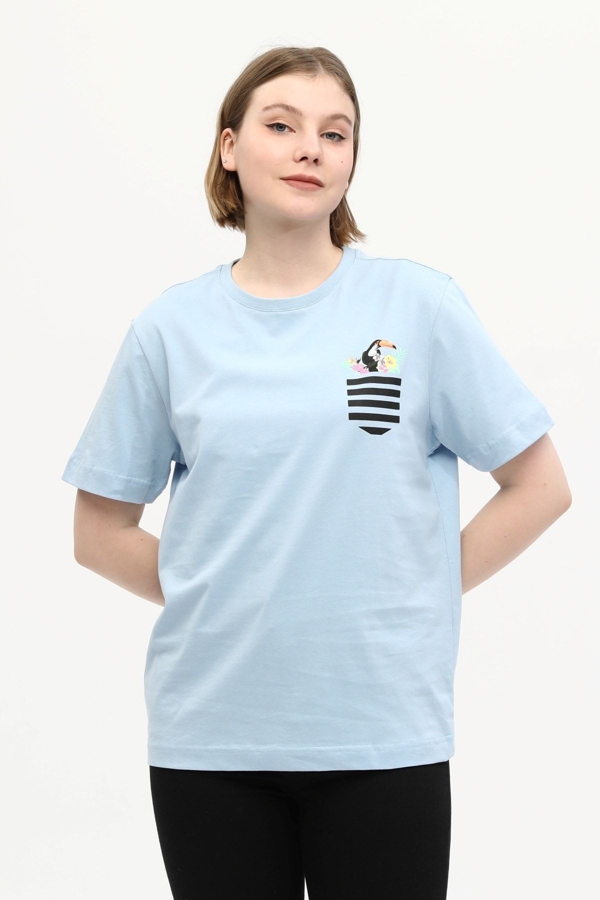 %100 Pamuk Bisiklet Yaka Baskılı Oversize Örme T-Shirt