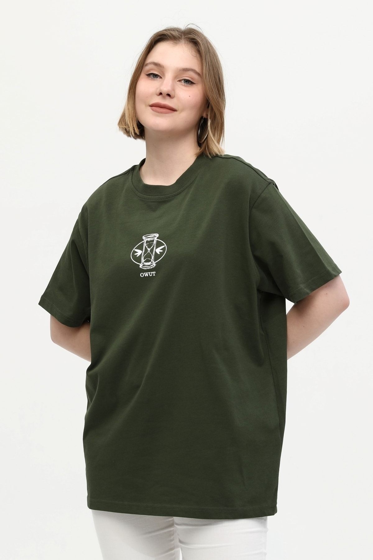 Unisex Yeşil %100 Pamuk Baskılı Oversize Dik Yaka Örme T-shirt