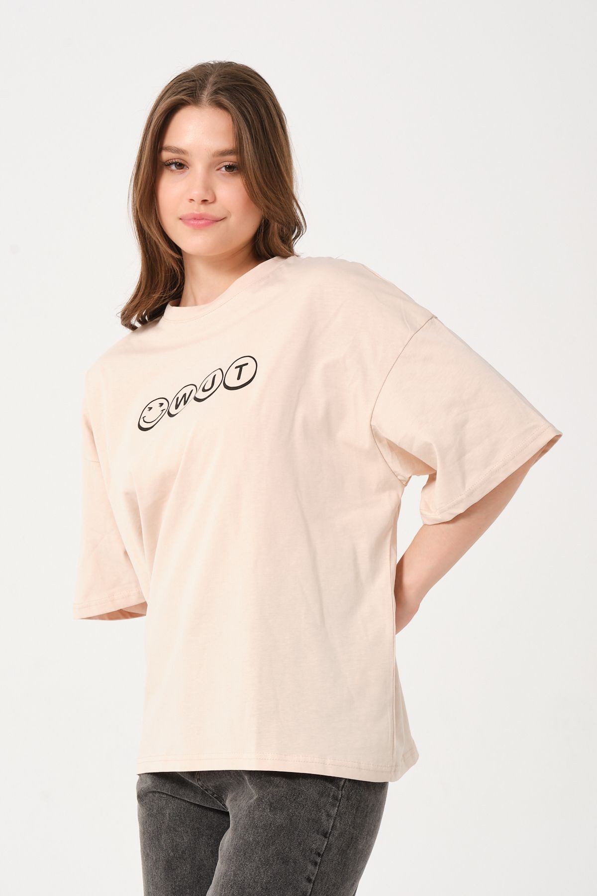 Unisex Bej Bisiklet Yaka Baskılı Oversize T-shirt