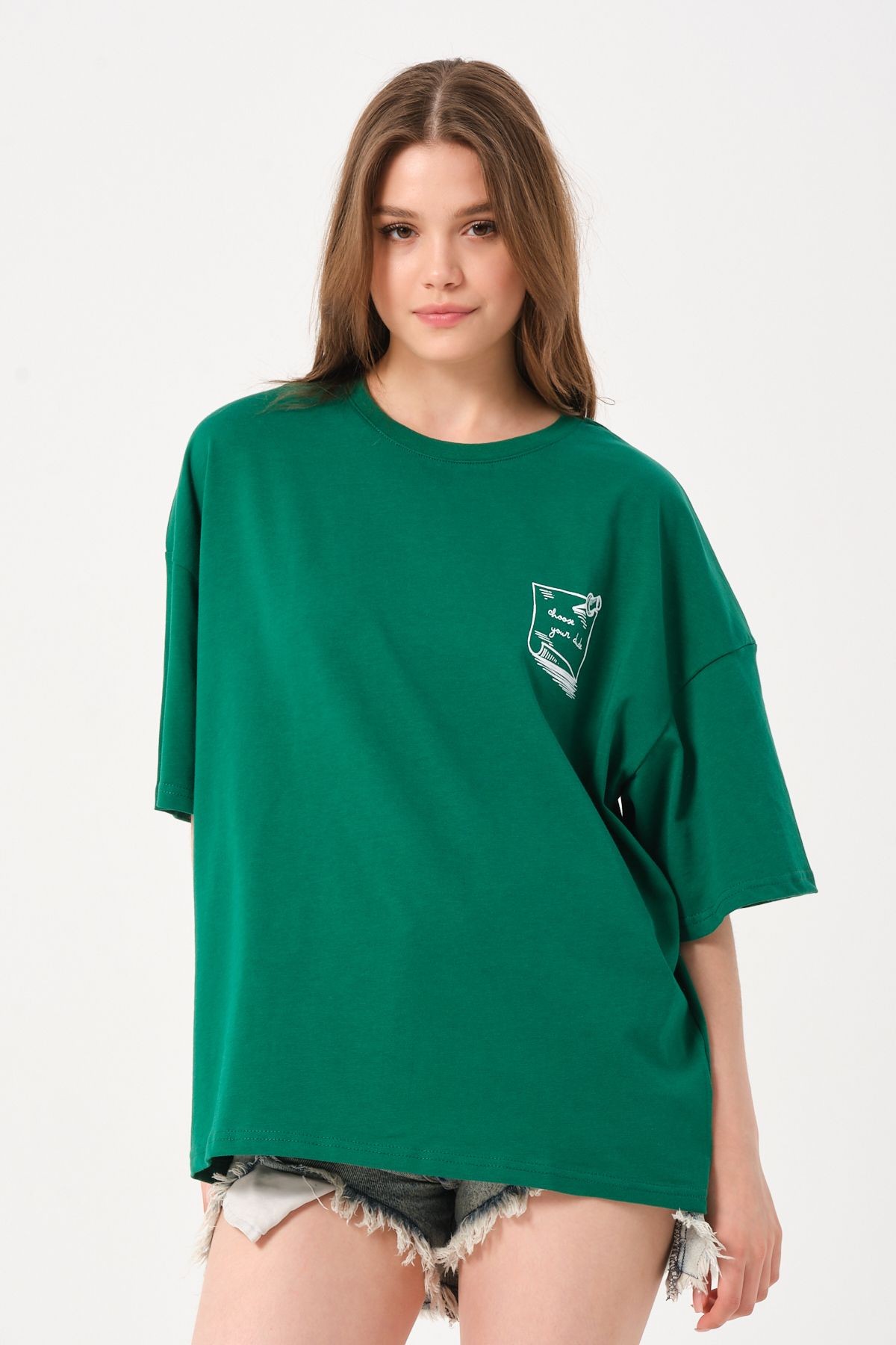 Unisex Açık Yeşil Bisiklet Yaka Baskılı Oversize T-shirt