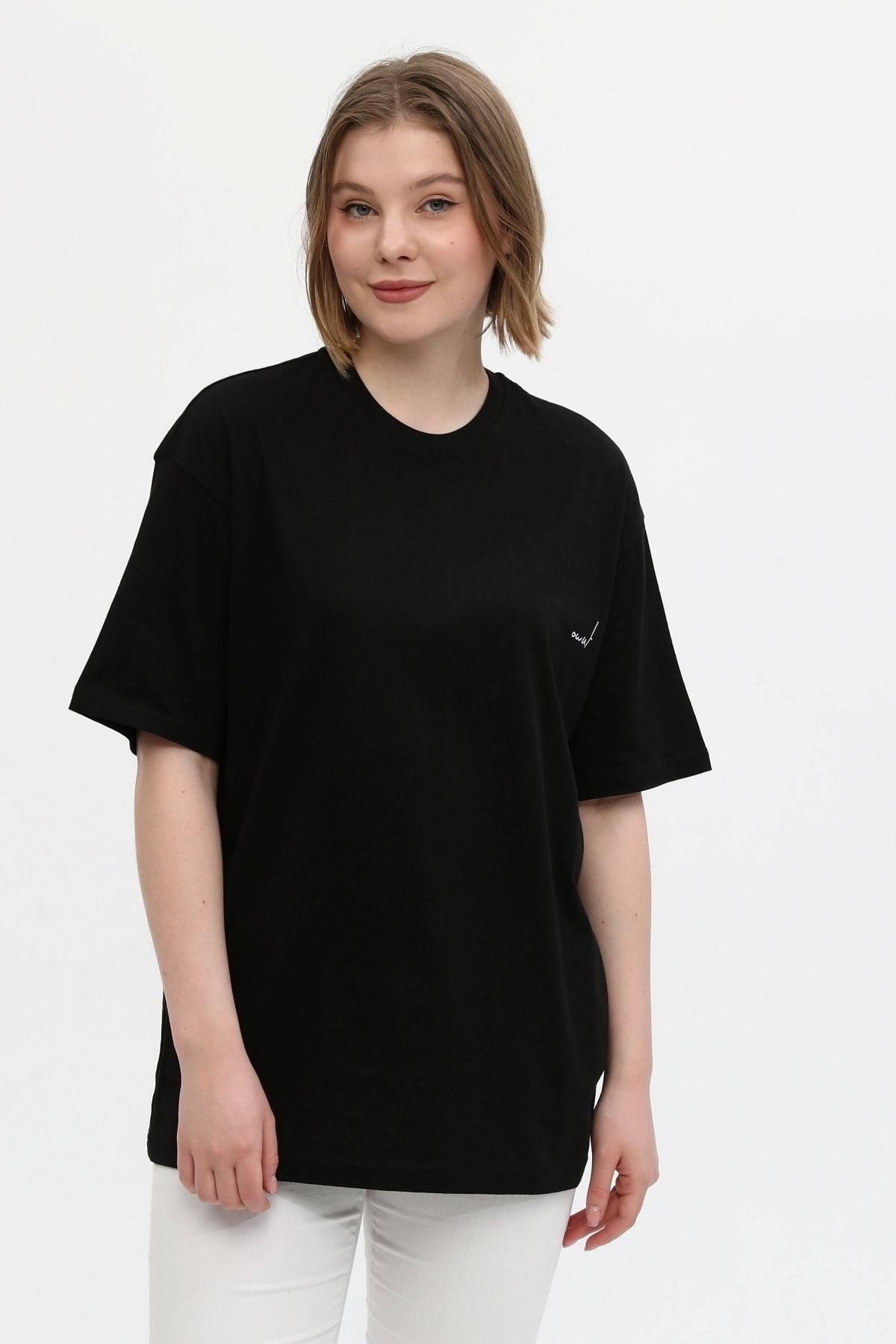 Unisex Siyah %100 Pamuk Baskılı Oversize Dik Yaka Örme T-shirt