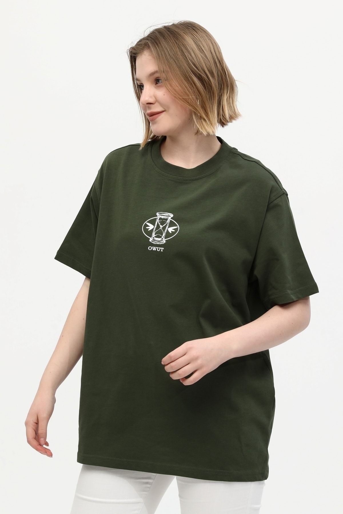 Unisex Yeşil %100 Pamuk Baskılı Oversize Dik Yaka Örme T-shirt