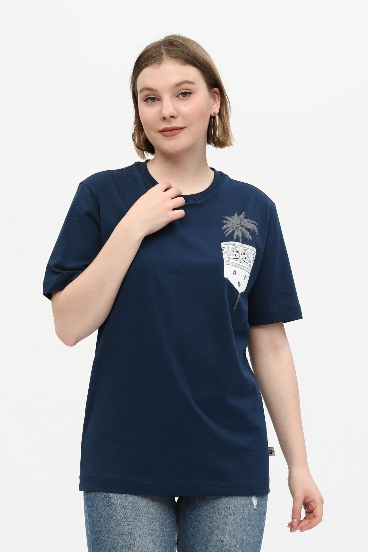 Lacivert %100 Pamuk Bisiklet Yaka Baskılı Oversize Örme Palmiye T-shirt