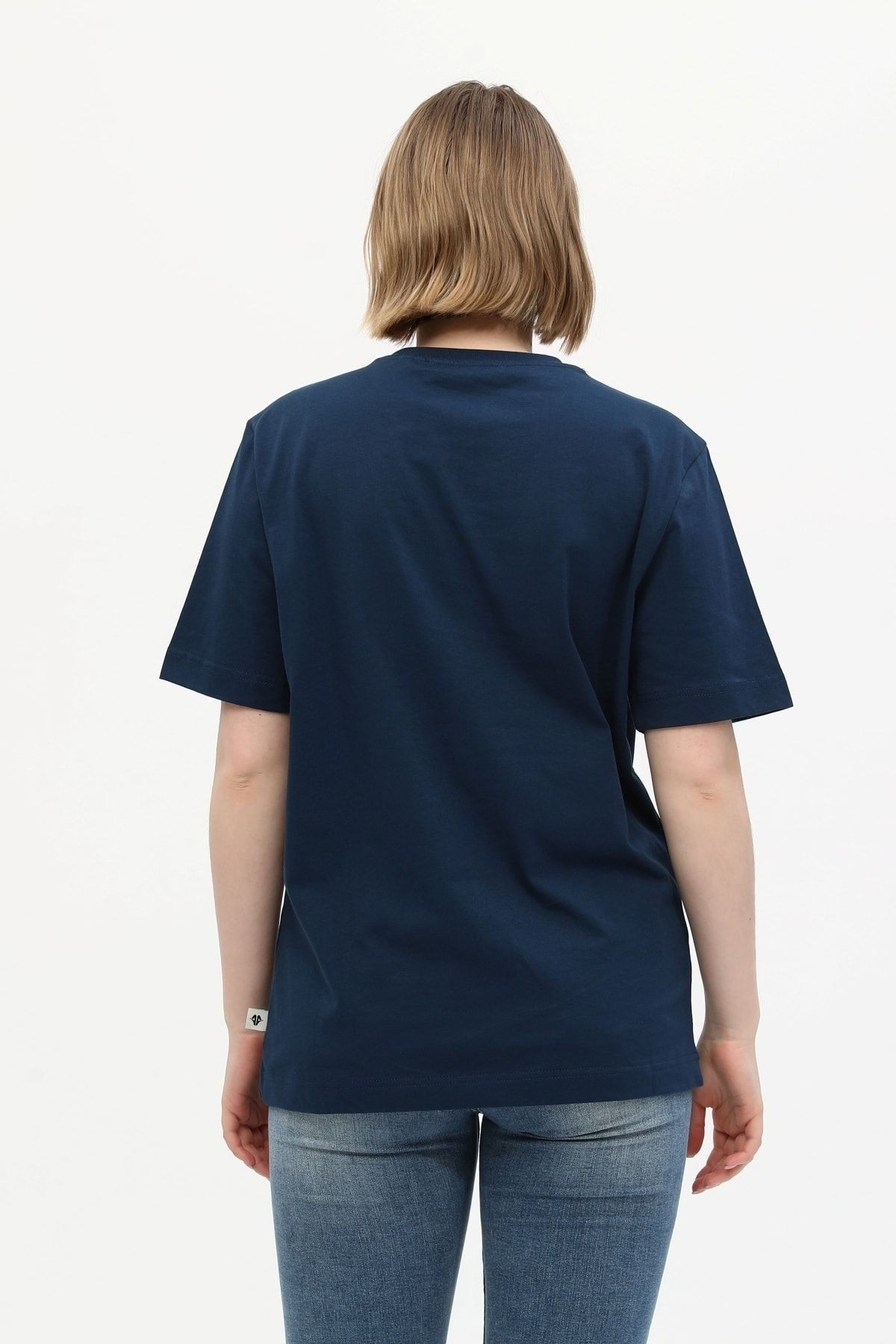 Lacivert %100 Pamuk Bisiklet Yaka Baskılı Oversize Örme Palmiye T-shirt