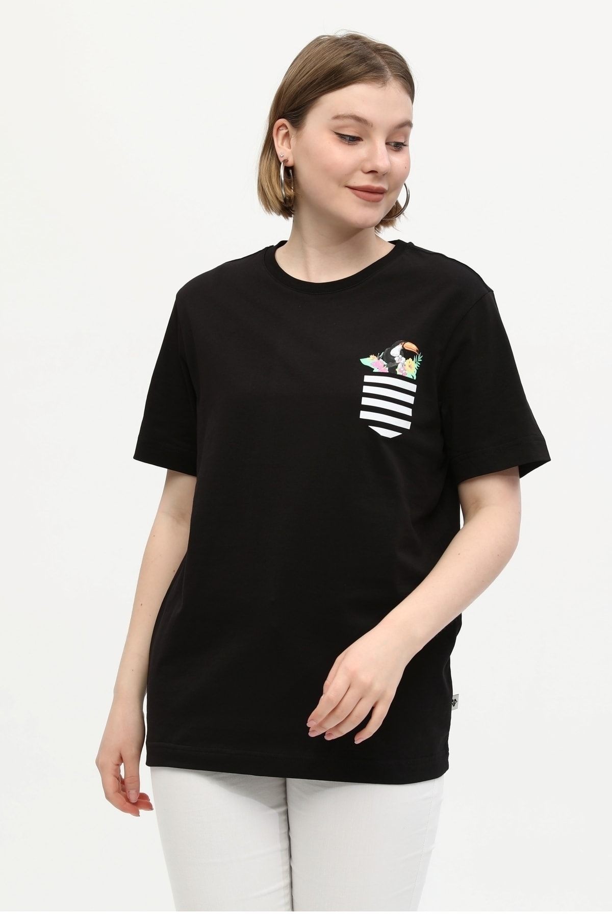 Siyah %100 Pamuk Bisiklet Yaka Baskılı Oversize Örme T-Shirt