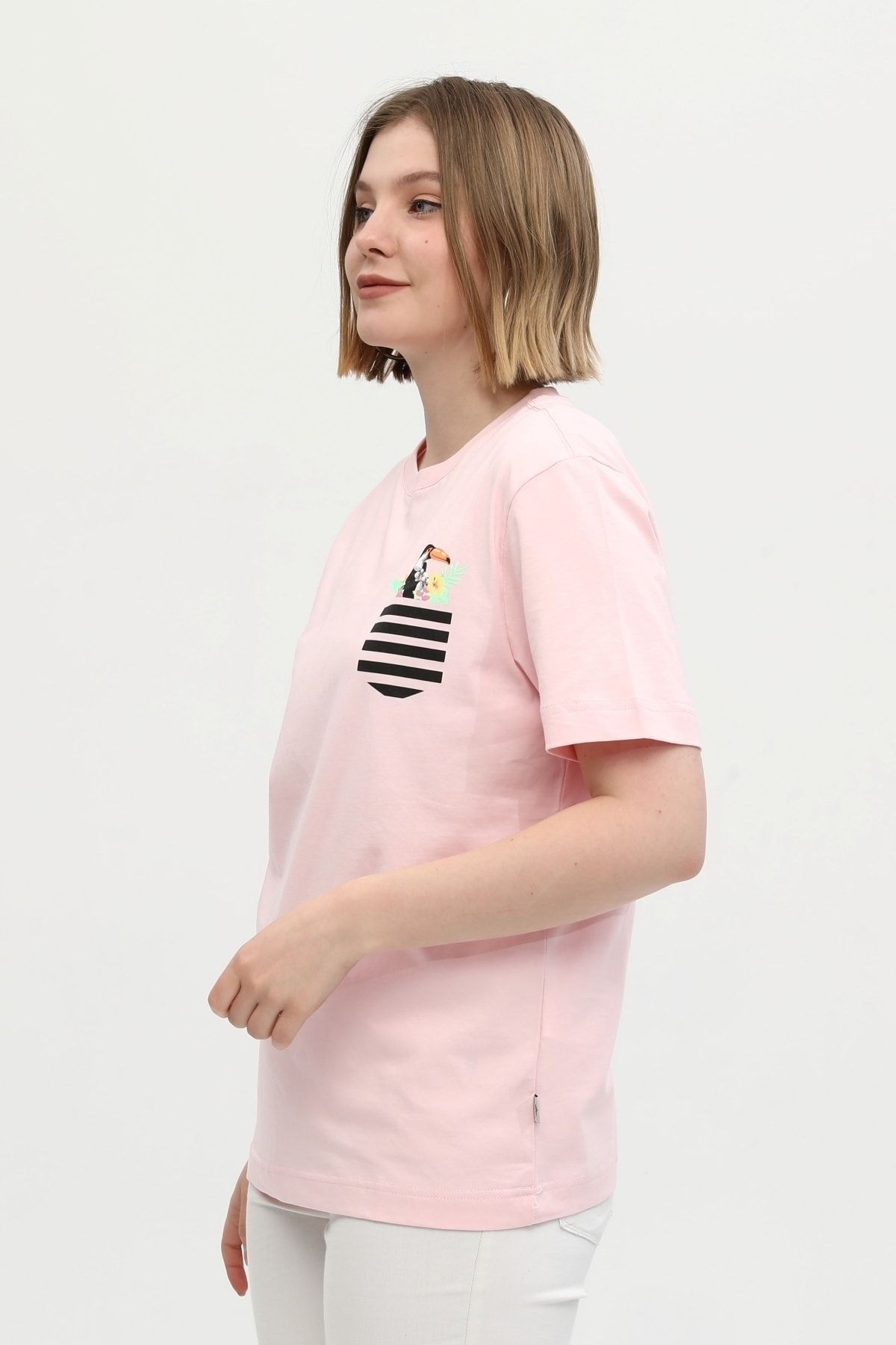 Pembe %100 Pamuk Bisiklet Yaka Baskılı Oversize Örme T-shirt