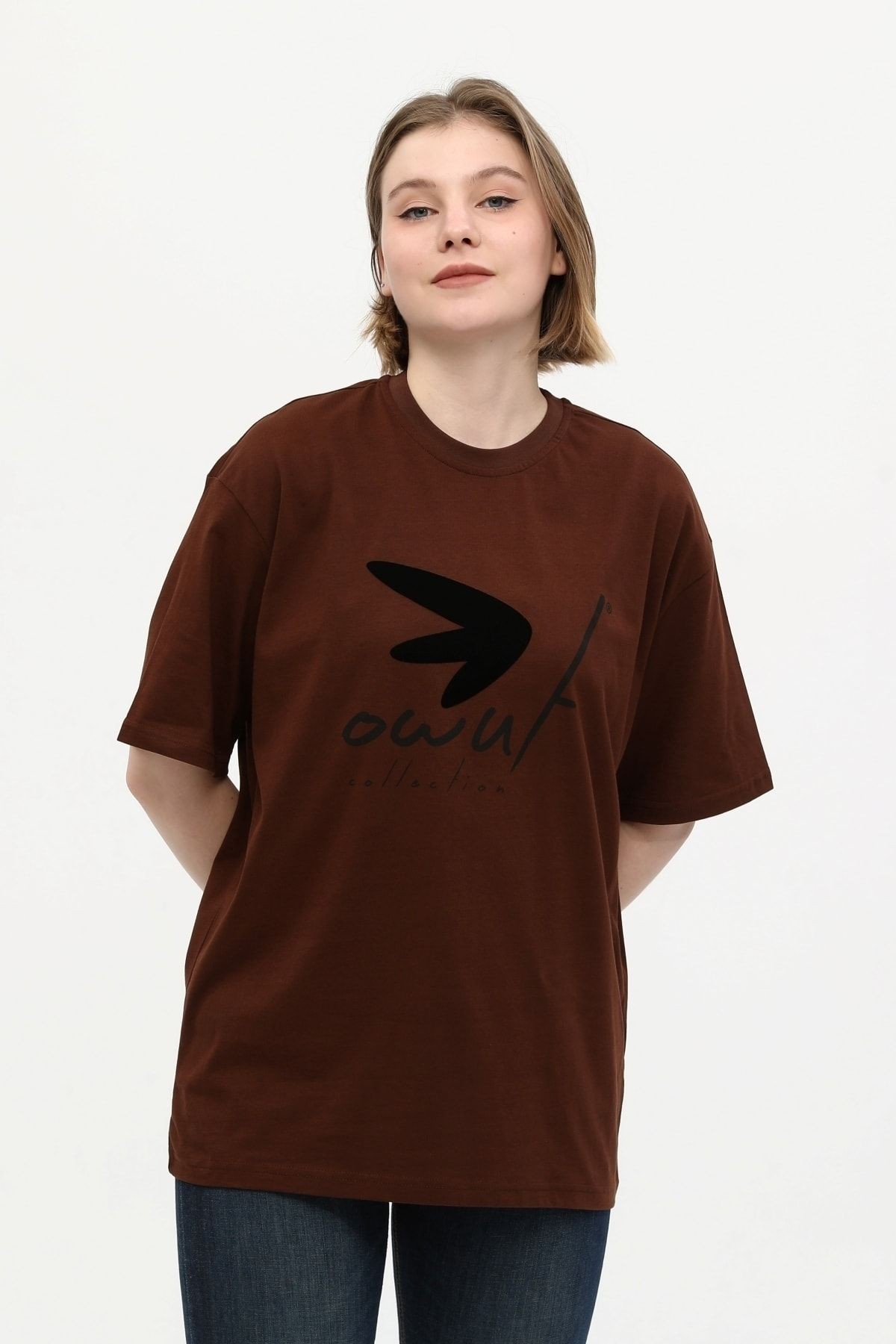 Unisex Kahverengi %100 Pamuk Baskılı Oversize Dik Yaka Örme T-shirt