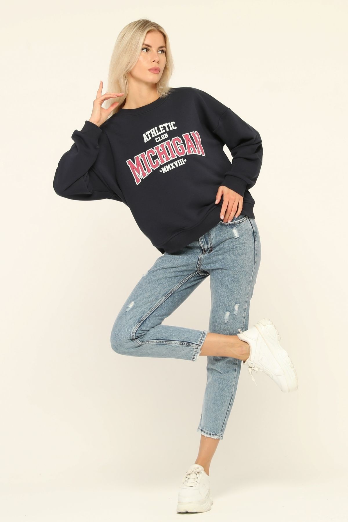 Kadın Bisiklet Yaka Baskılı Sweatshirt