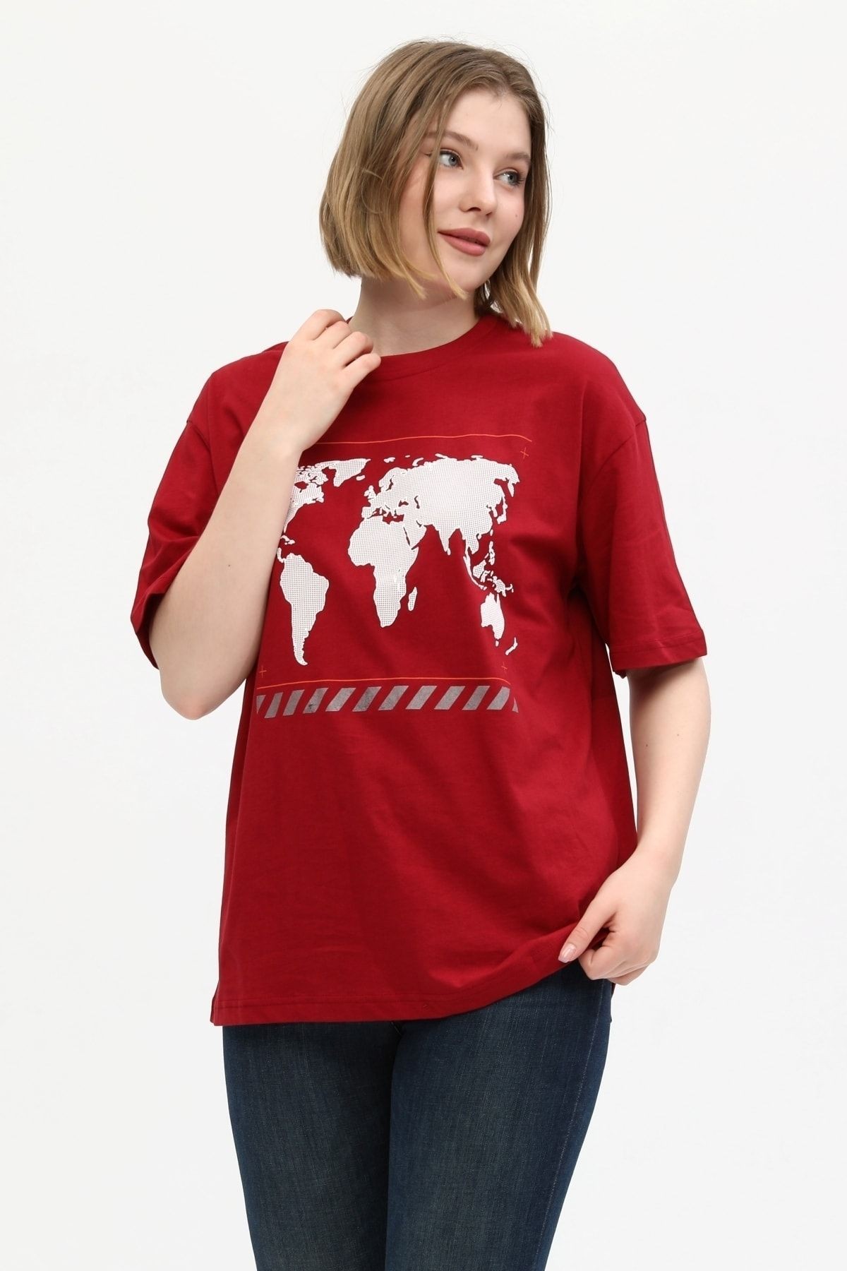 Unisex Kırmızı %100 Pamuk Baskılı Oversize Dik Yaka Örme T-shirt