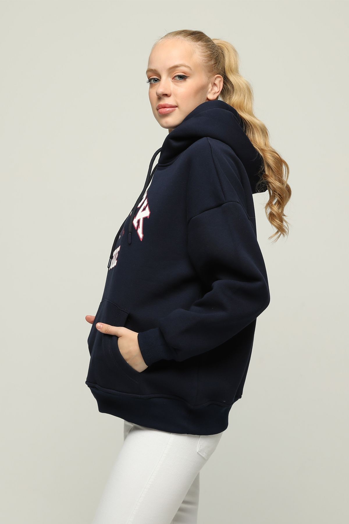 Kalın Polar Kapüşonlu Oversize/Geniş Kalıp Örme Sweatshirt