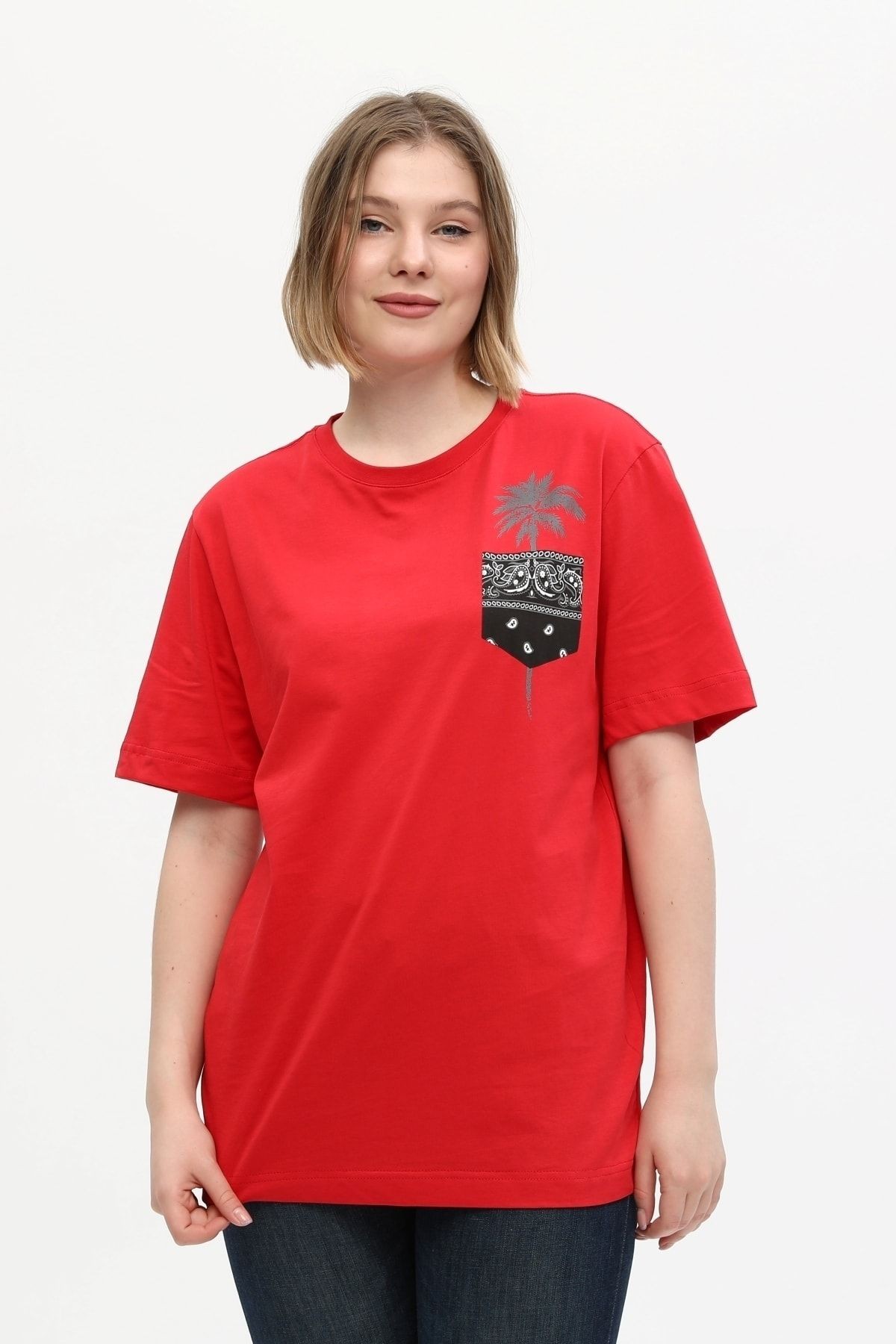 Kadın Kırmızı %100 Pamuk Baskılı Oversize Dik Yaka Örme T-shirt