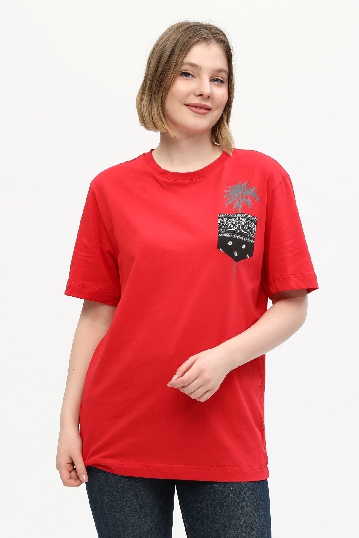 Kadın Kırmızı %100 Pamuk Baskılı Oversize Dik Yaka Örme T-shirt