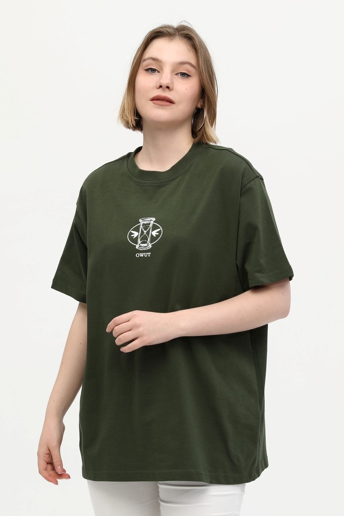 Unisex Yeşil %100 Pamuk Baskılı Oversize Dik Yaka Örme T-shirt