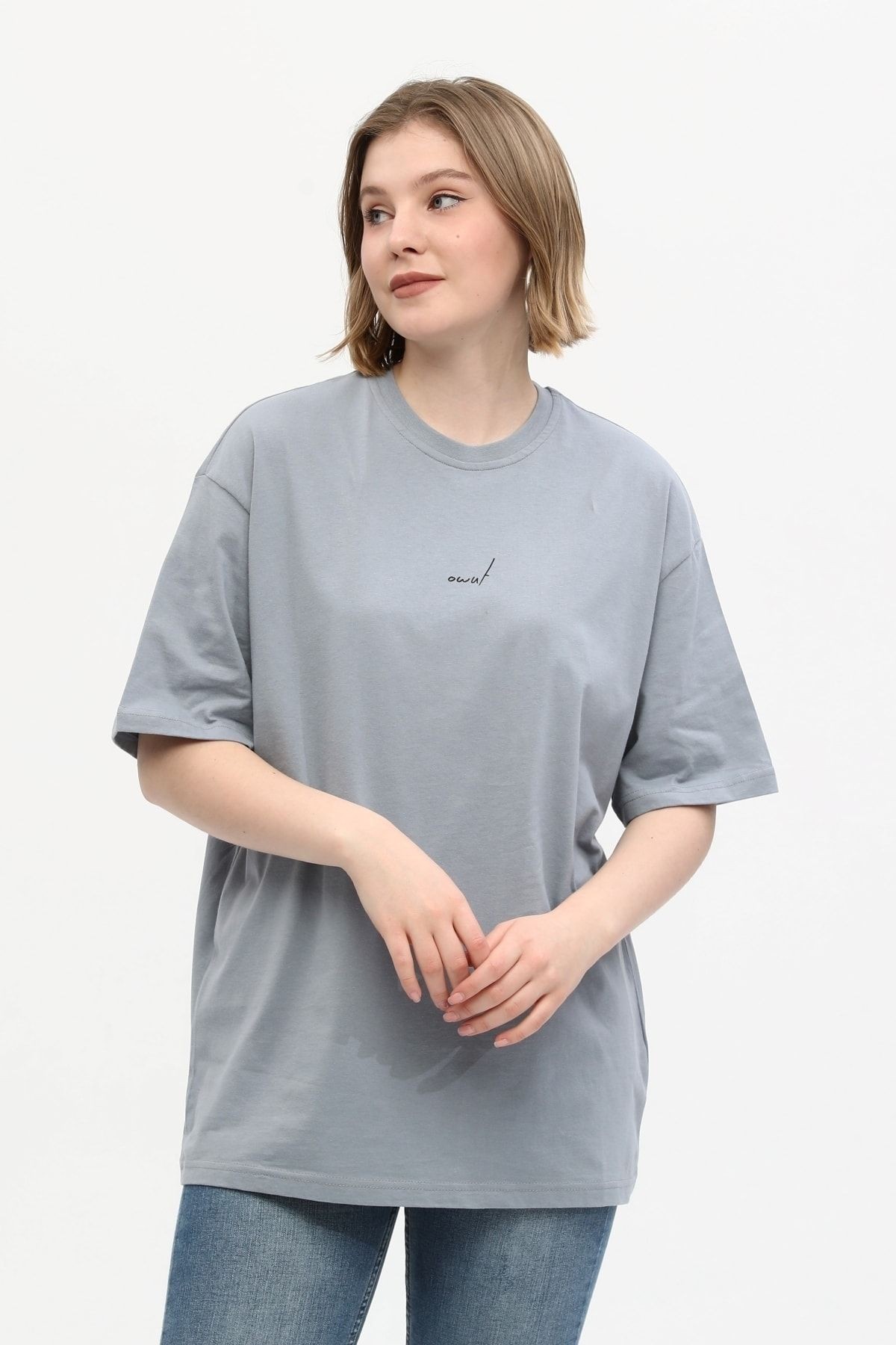 %100 Pamuk Bisiklet Yaka Baskılı Oversize Örme T-shirt