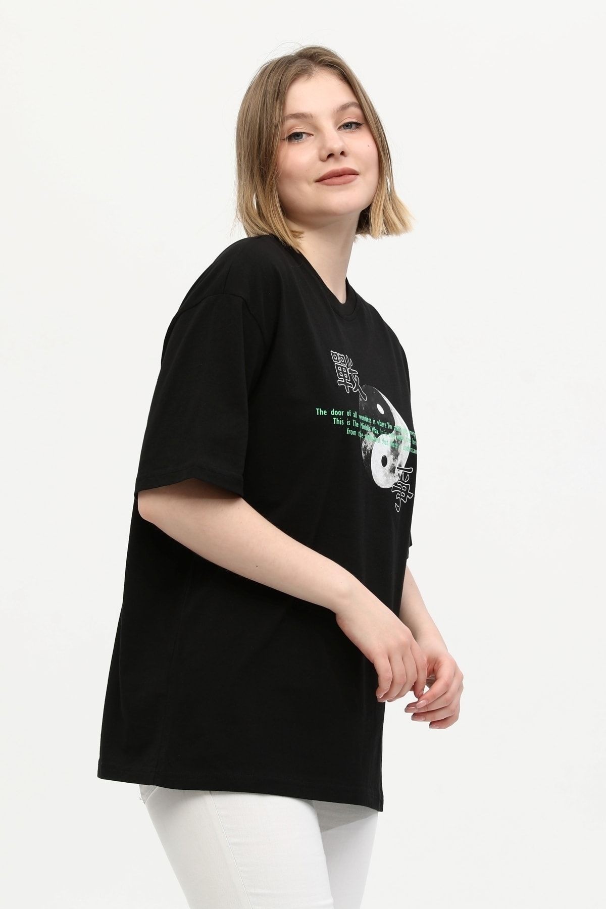 Unisex Kadın Siyah %100 Pamuk Baskılı Oversize Dik Yaka Örme T-shirt