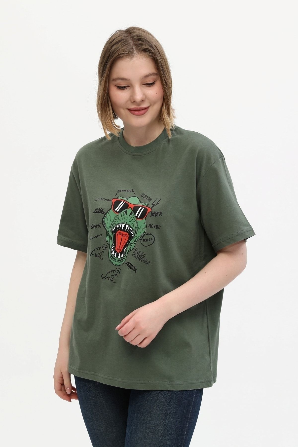 Unisex Haki %100 Pamuk Baskılı Oversize Dik Yaka Örme T-shirt