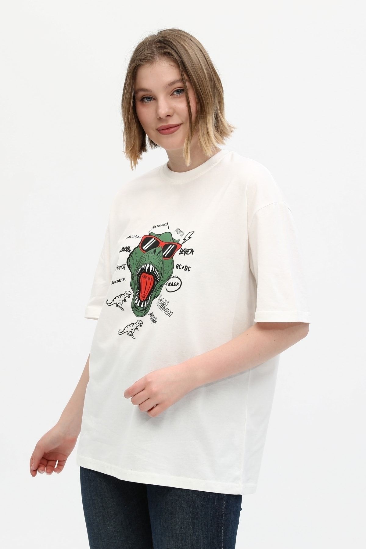 Unisex Beyaz %100 Pamuk Baskılı Oversize Dik Yaka Örme T-shirt