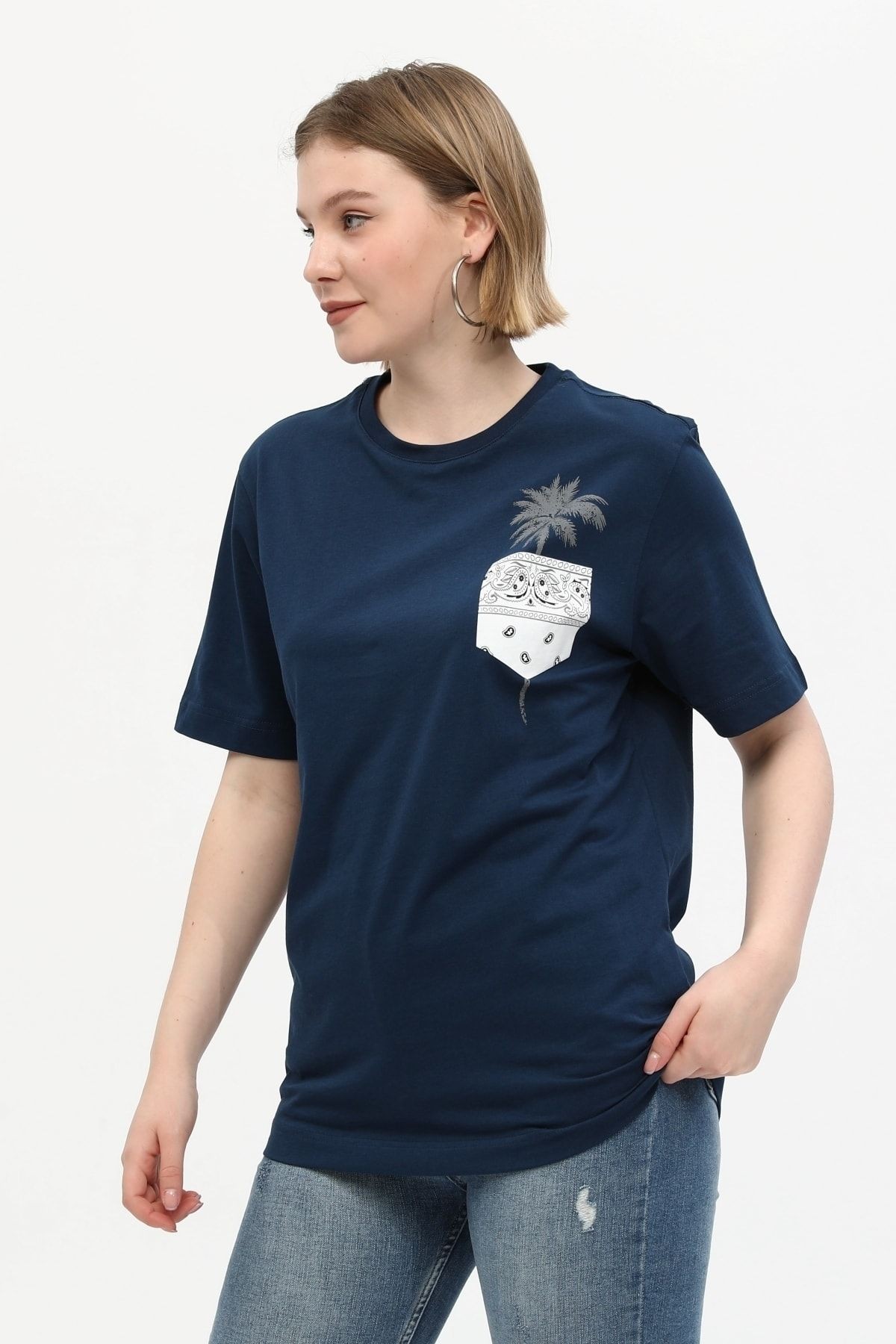 Lacivert %100 Pamuk Bisiklet Yaka Baskılı Oversize Örme Palmiye T-shirt