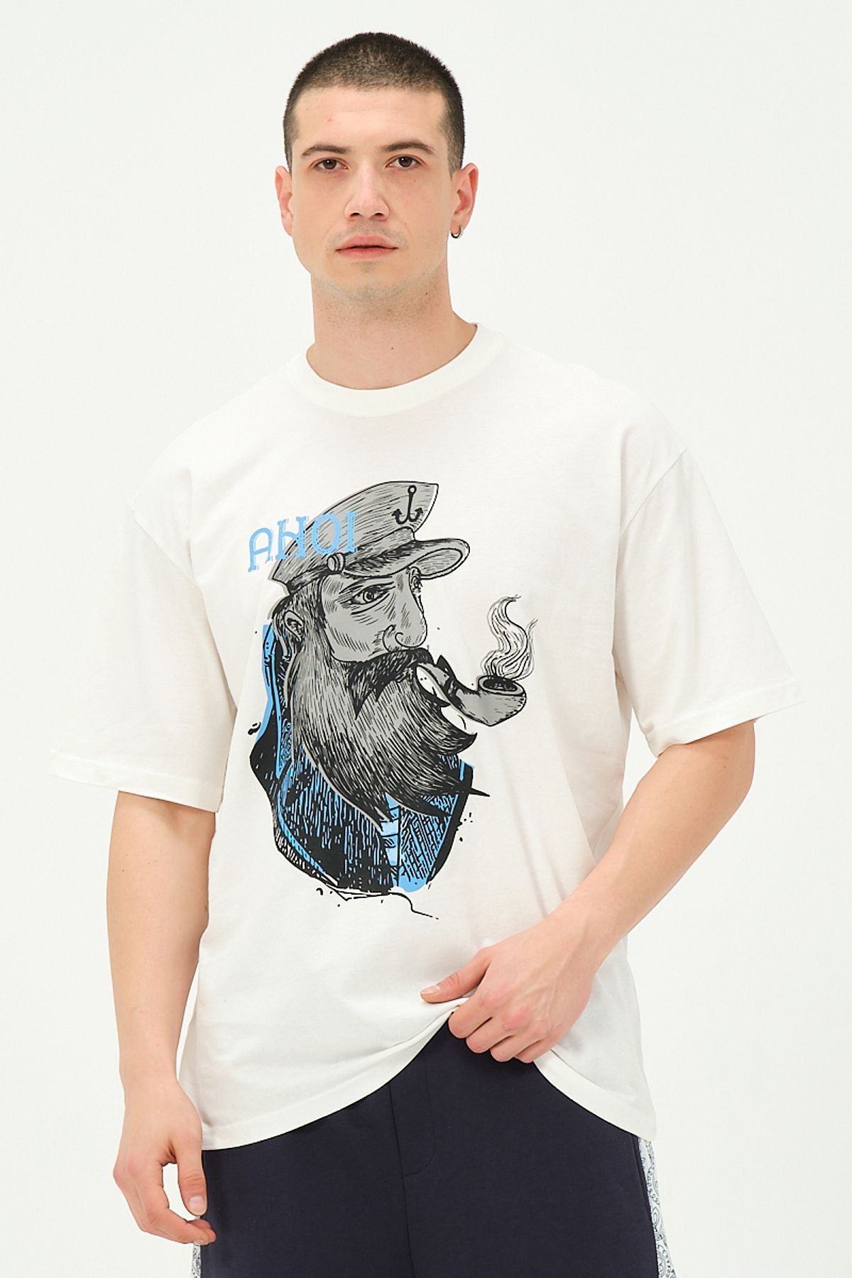 Erkek Ekru Baskı Detaylı Oversize T-Shirt