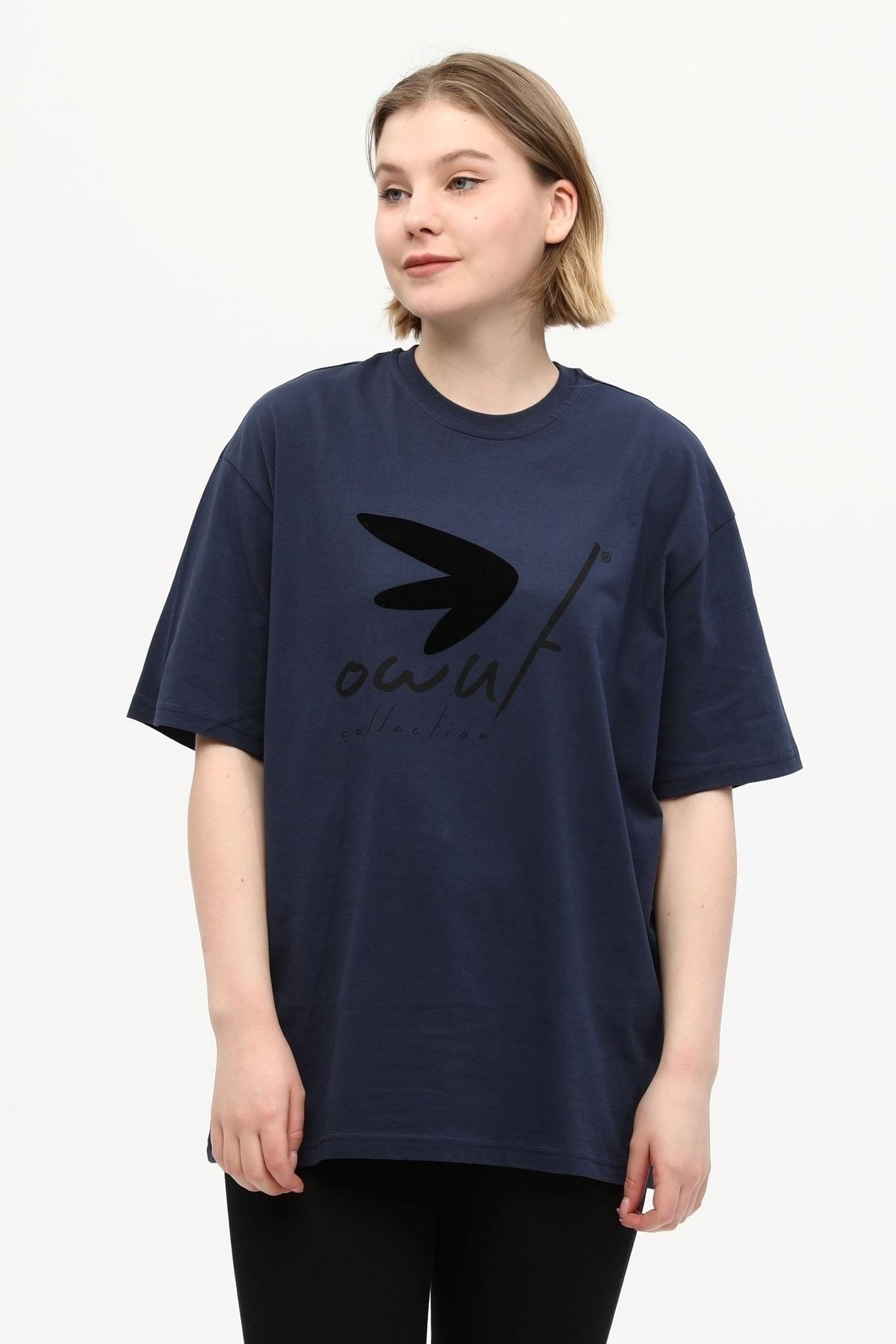 Lacivert %100 Pamuk Bisiklet Yaka Baskılı Oversize Örme T-Shirt