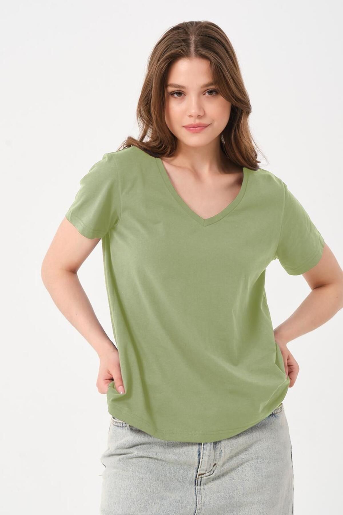 Kadın Bej V Yaka T-Shirt - haki