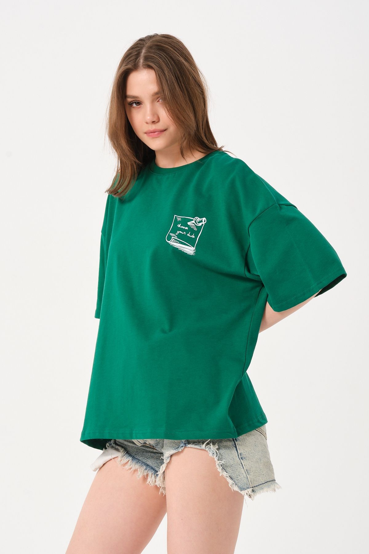 Unisex Açık Yeşil Bisiklet Yaka Baskılı Oversize T-shirt