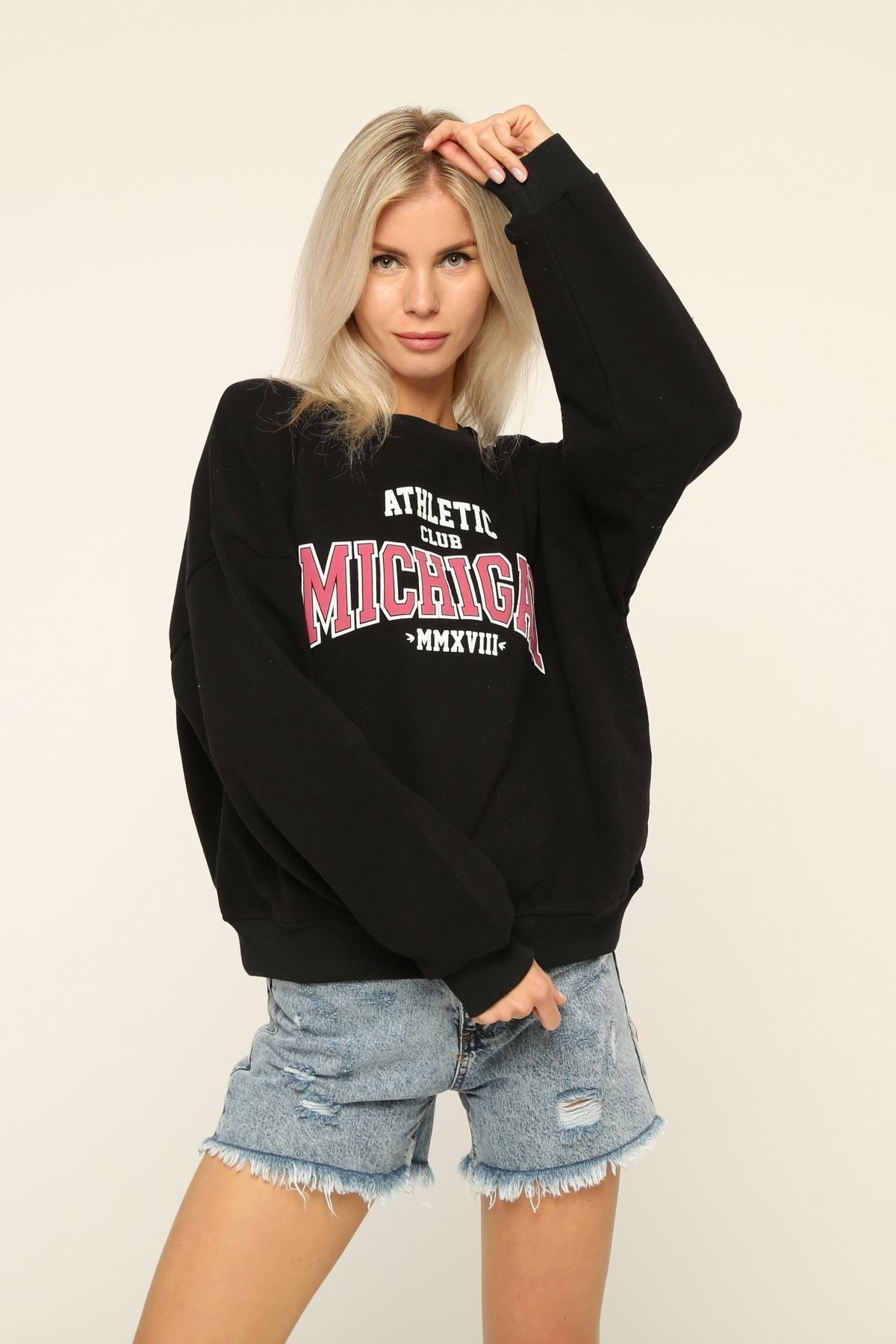 Kadın Lacivert Bisiklet Yaka Baskı Detaylı Sweatshirt