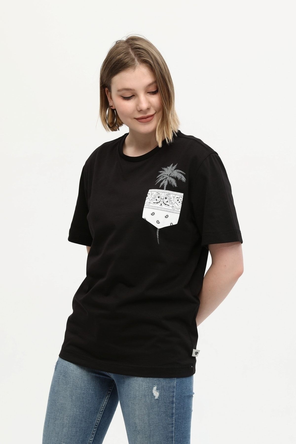 Siyah %100 Pamuk Bisiklet Yaka Baskılı Oversize Örme Palmiye T-shirt