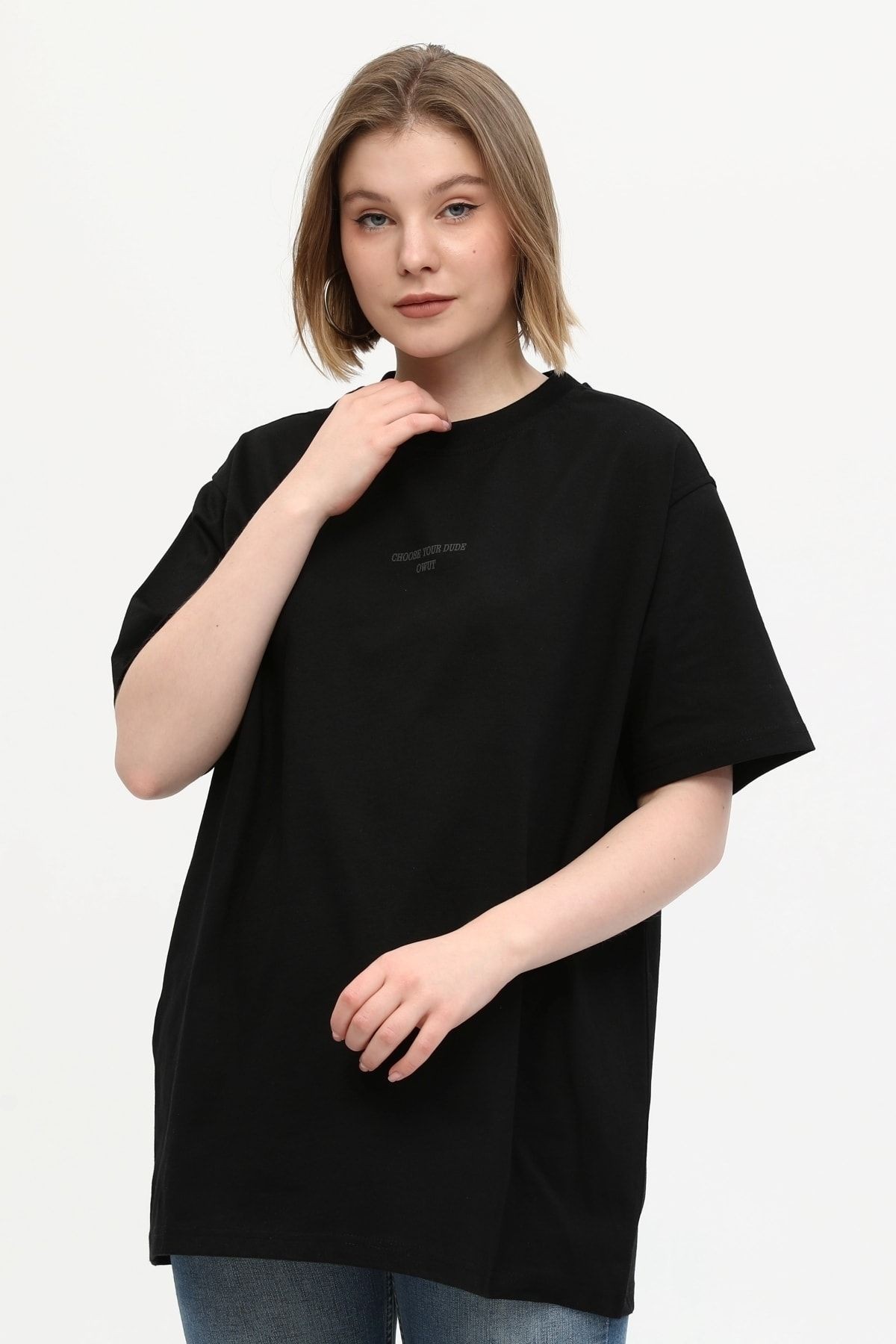 %100 Pamuk Bisiklet Yaka Baskılı Oversize Örme T-shirt