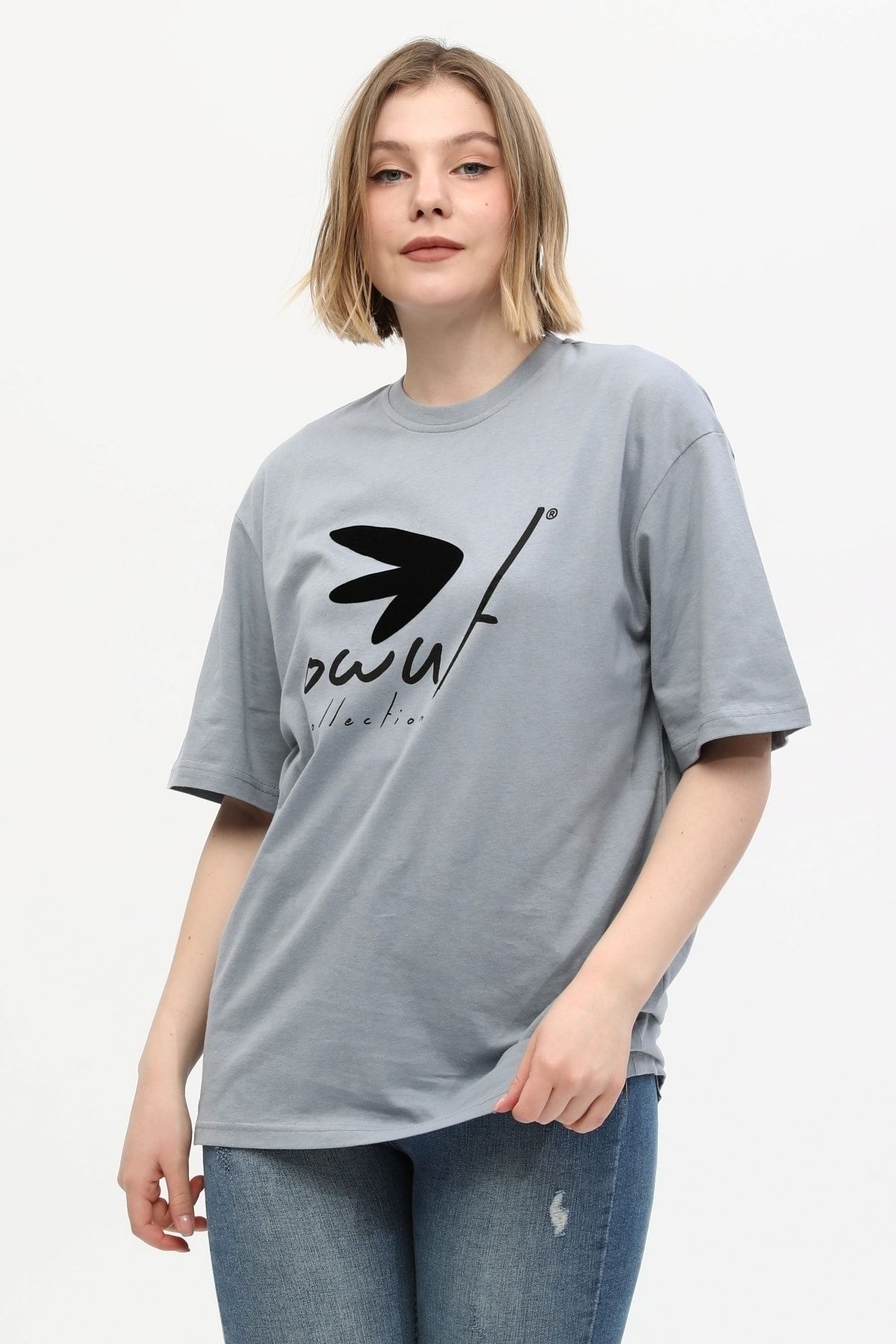 %100 Pamuk Bisiklet Yaka Baskılı Oversize Örme T-shirt