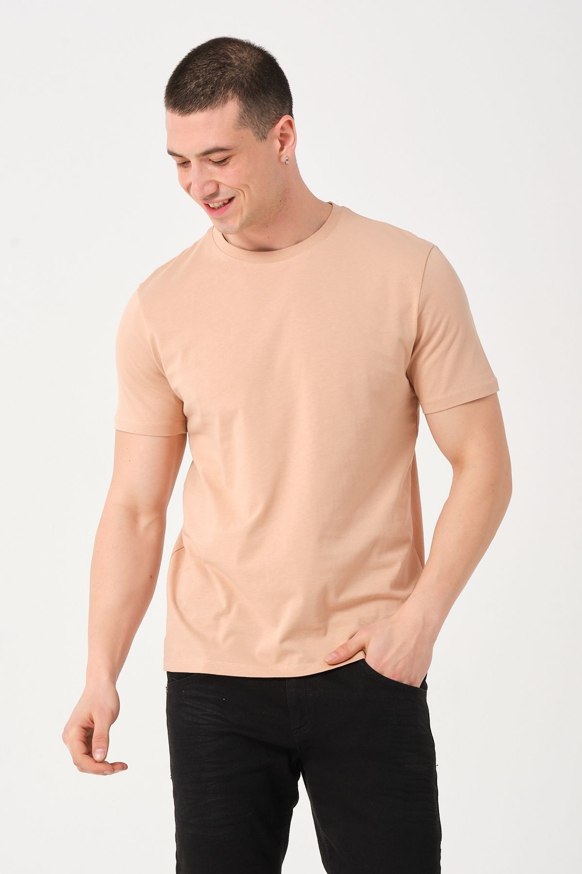 Erkek Bej Bisiklet Yaka Slim Fit T-shirt