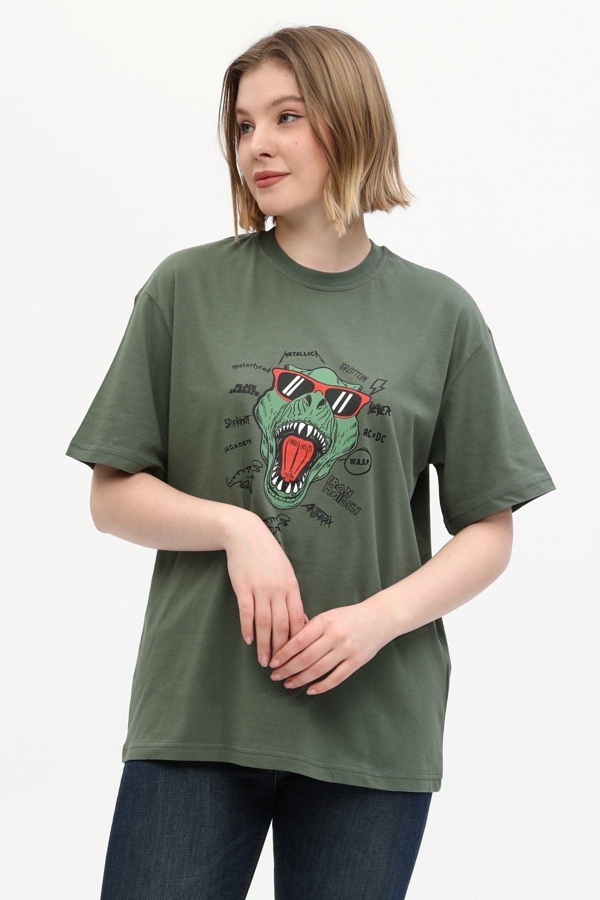 Unisex Haki %100 Pamuk Baskılı Oversize Dik Yaka Örme T-shirt