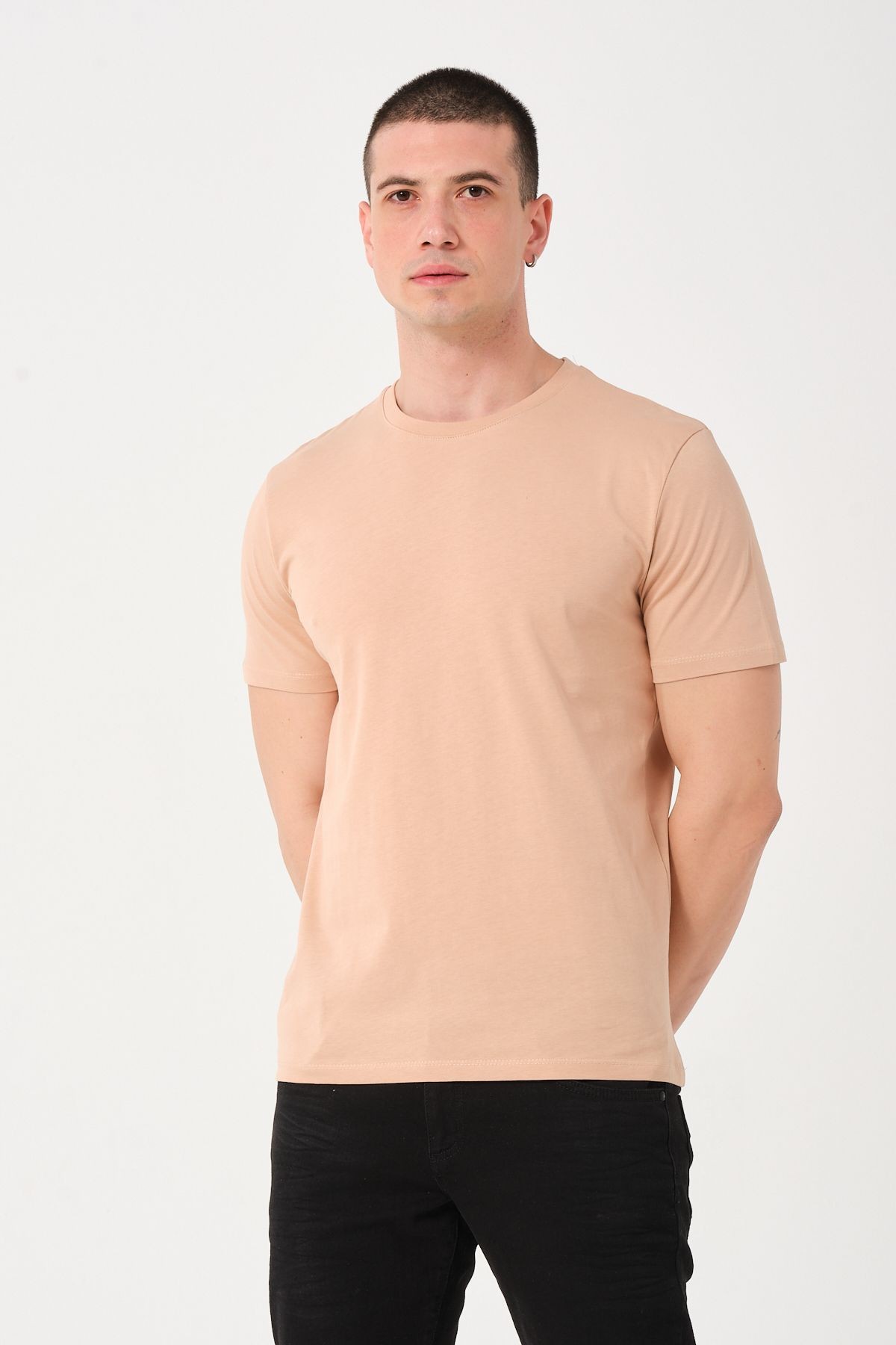 Erkek Bej Bisiklet Yaka Slim Fit T-shirt