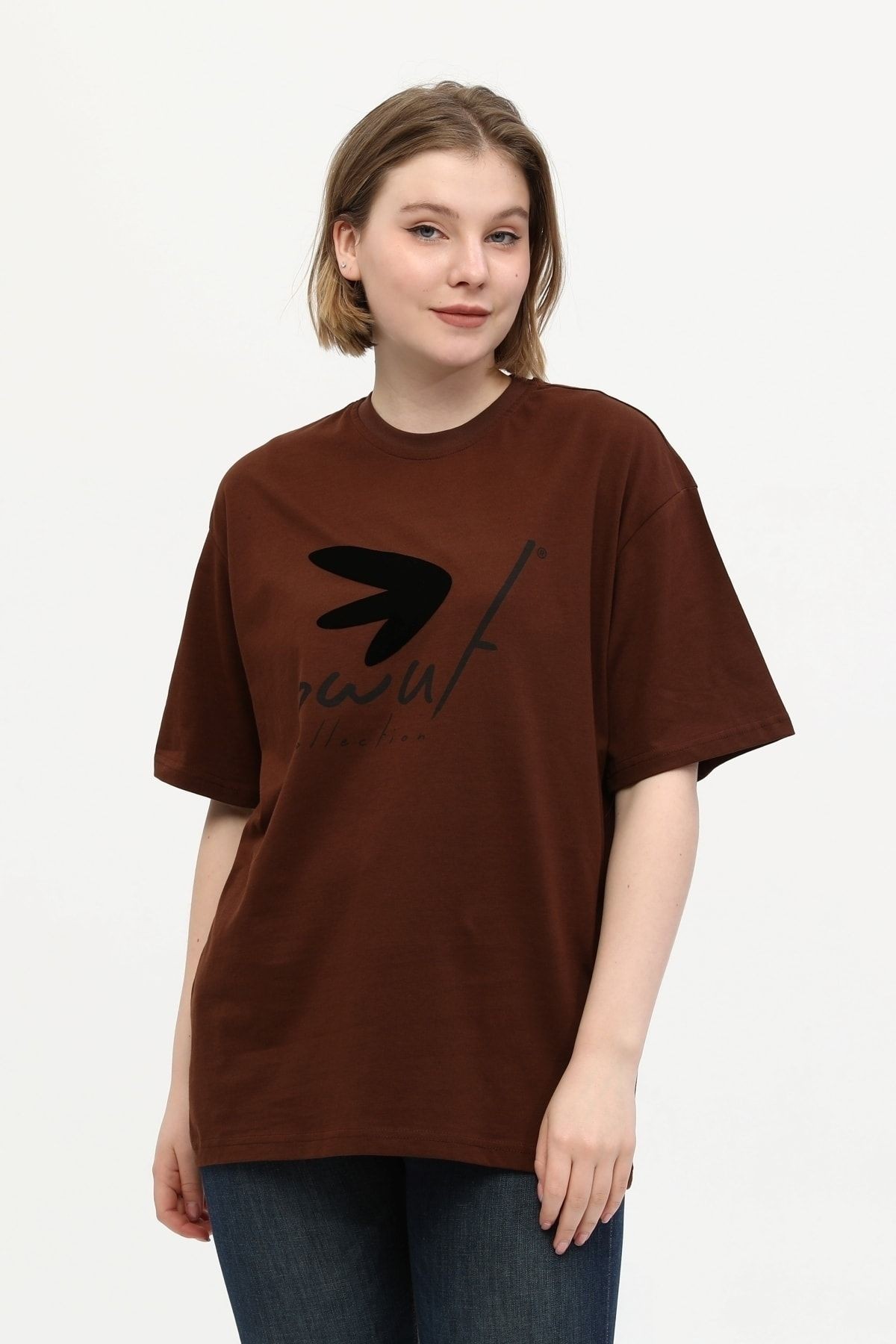 Unisex Kahverengi %100 Pamuk Baskılı Oversize Dik Yaka Örme T-shirt