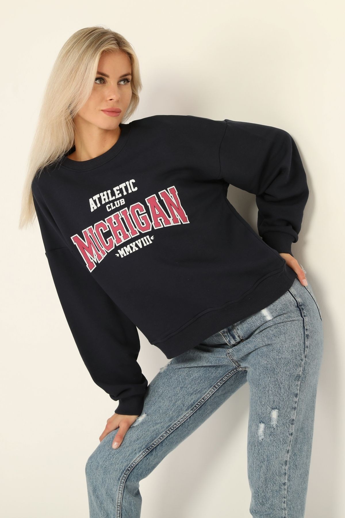 Kadın Bisiklet Yaka Baskılı Sweatshirt