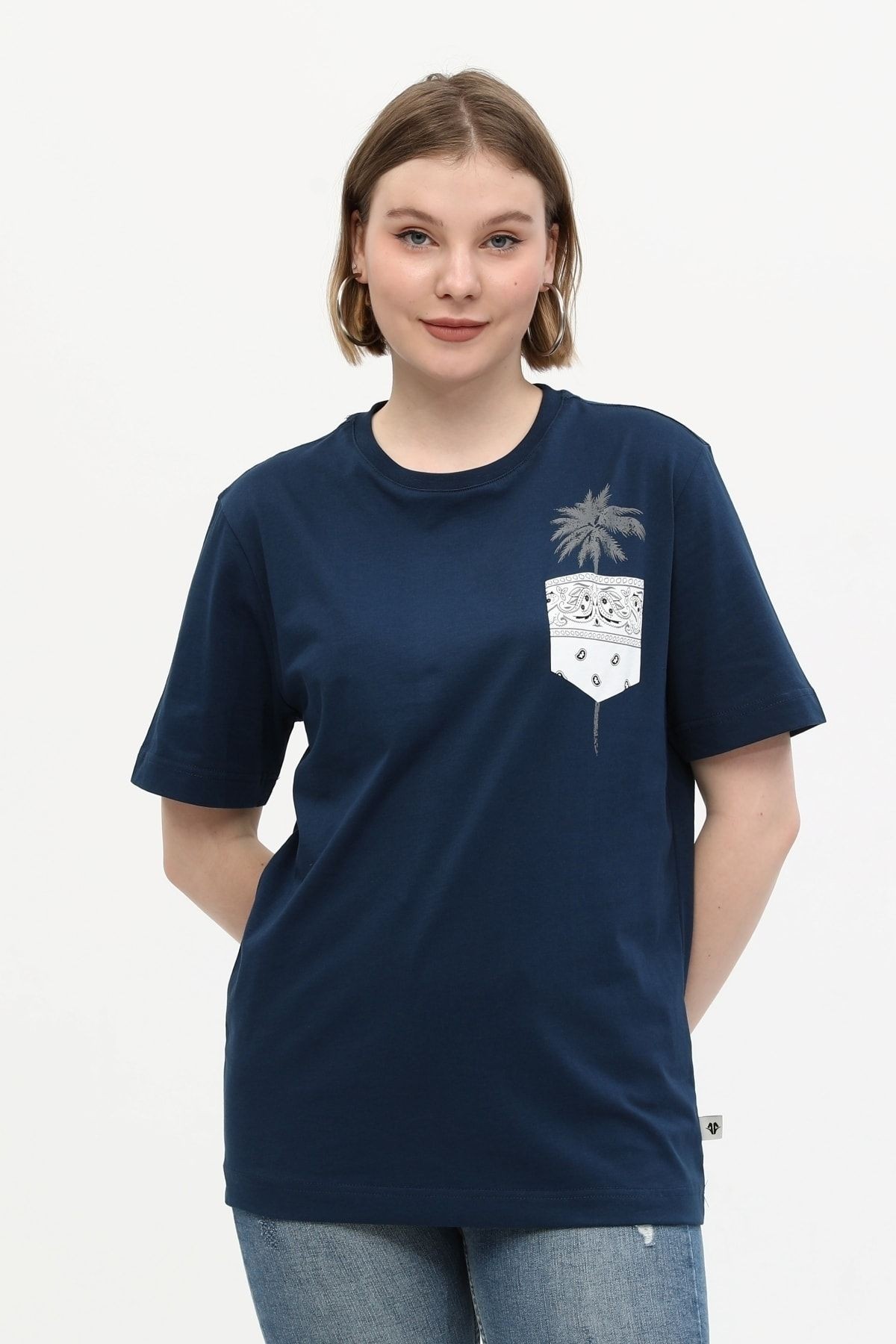 Lacivert %100 Pamuk Bisiklet Yaka Baskılı Oversize Örme Palmiye T-shirt