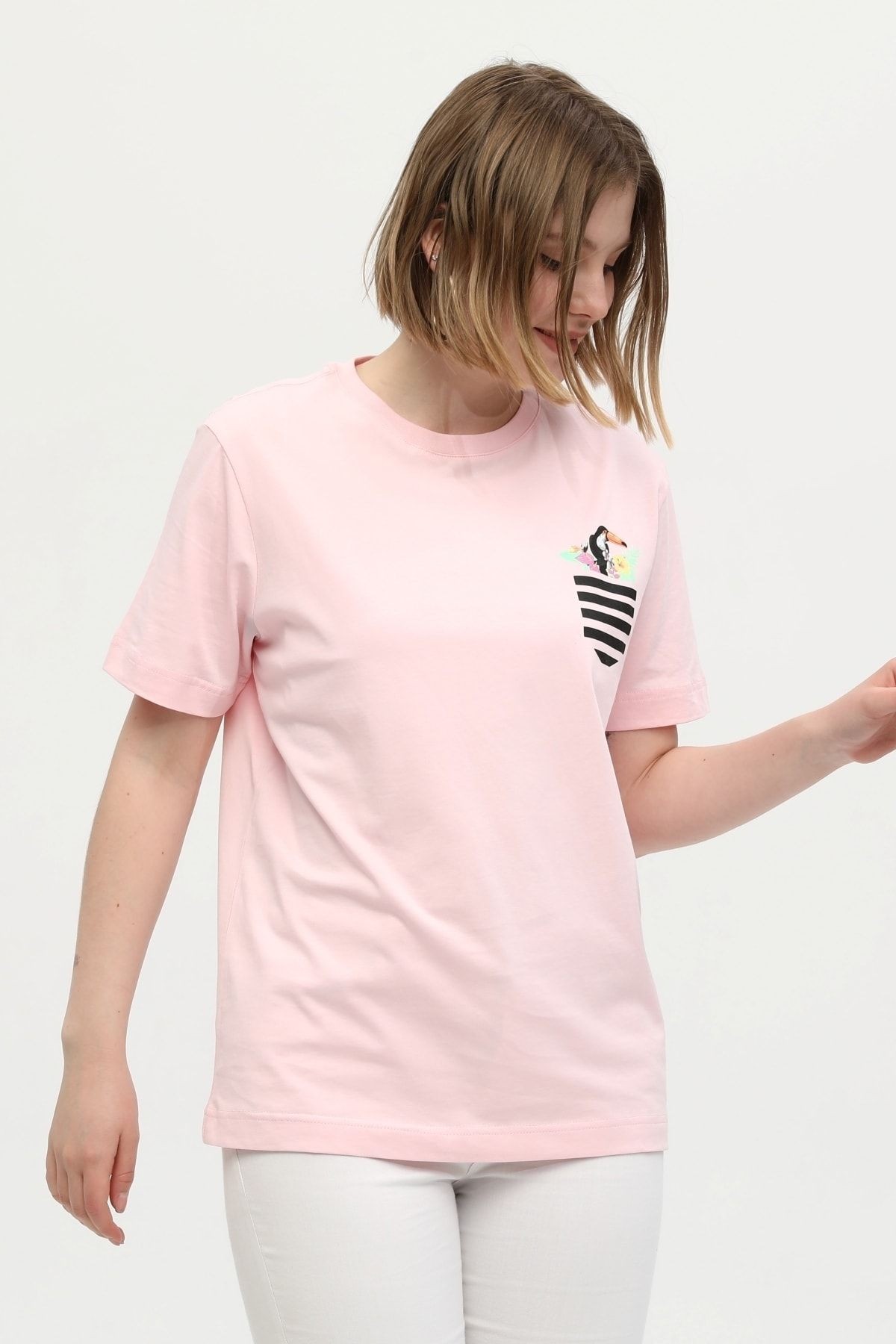 Pembe %100 Pamuk Bisiklet Yaka Baskılı Oversize Örme T-shirt