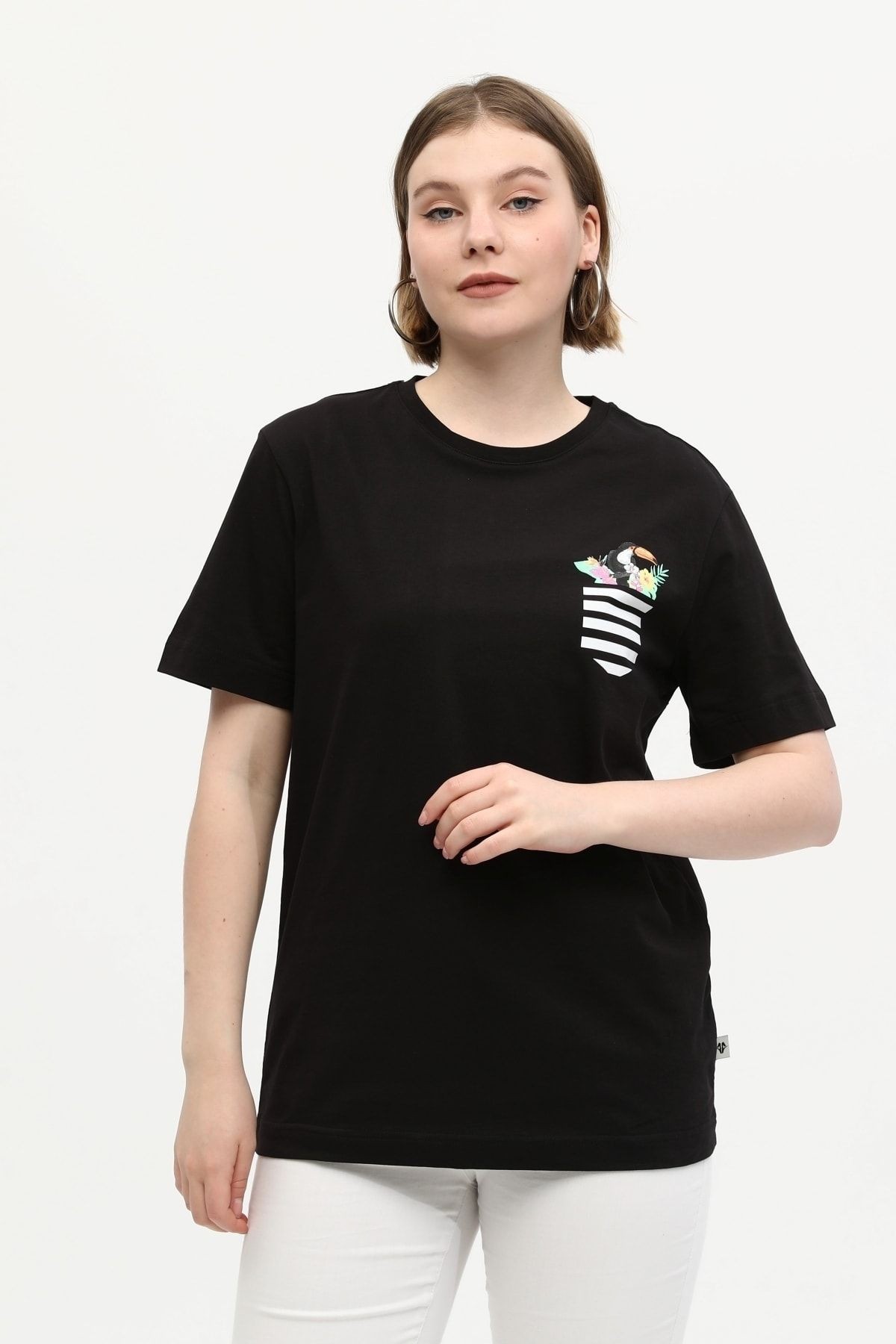 Siyah %100 Pamuk Bisiklet Yaka Baskılı Oversize Örme T-Shirt