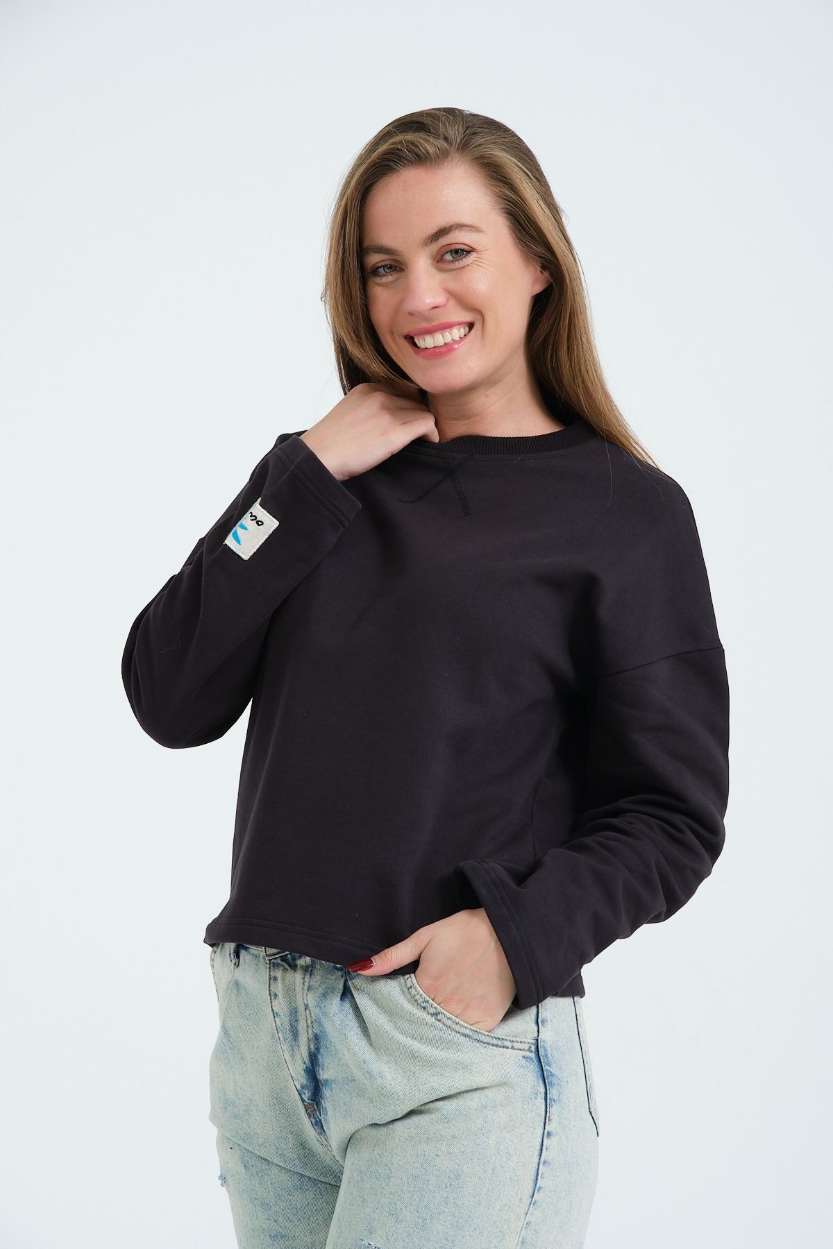 Siyah Relaxed/Rahat Kalıp Bisiklet Yaka Patch Detaylı Uzun Kollu Örme Sweatshirt